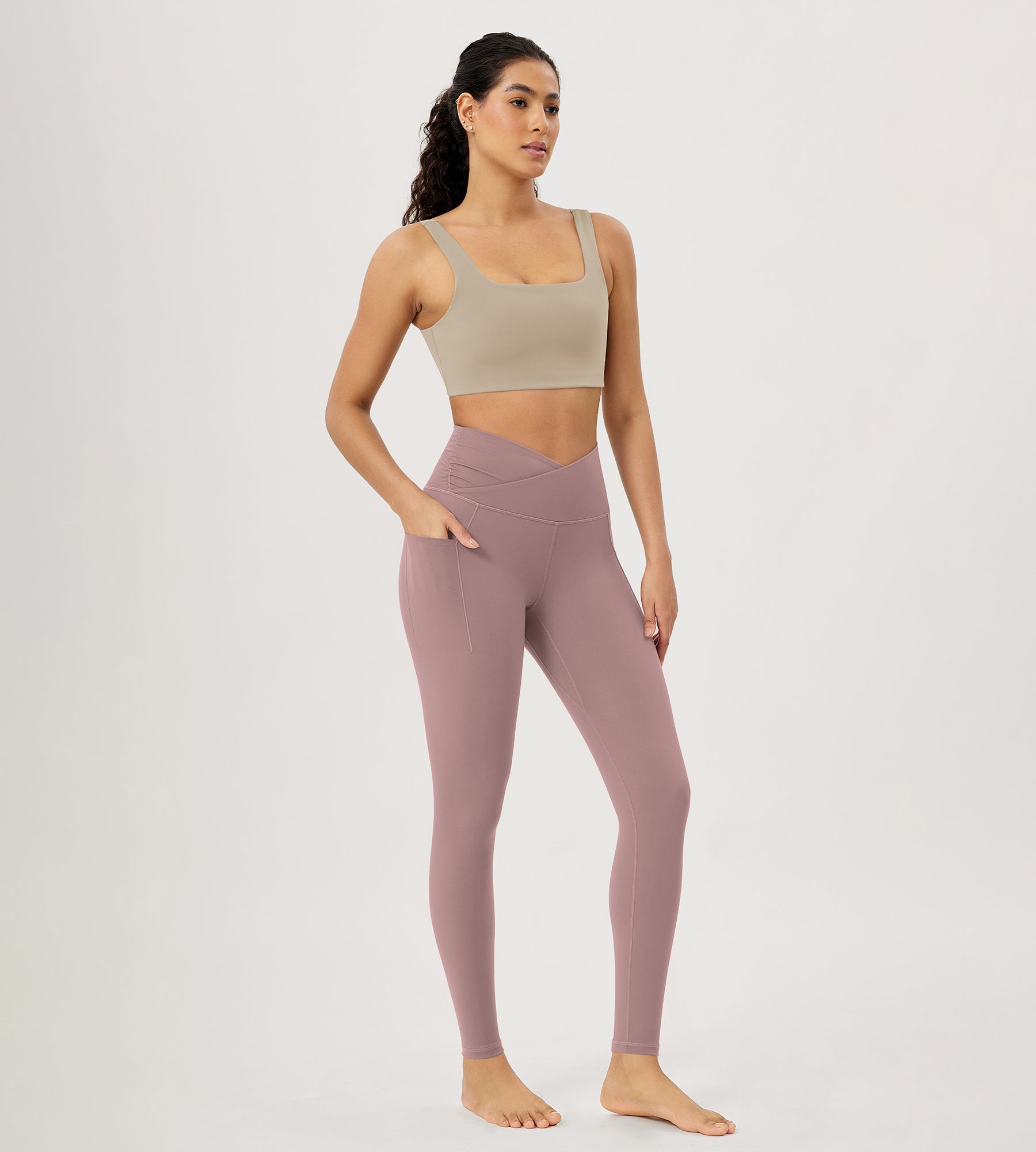 28" Gathered Crossover Workout Waist Yoga Leggings with Pockets - ododos