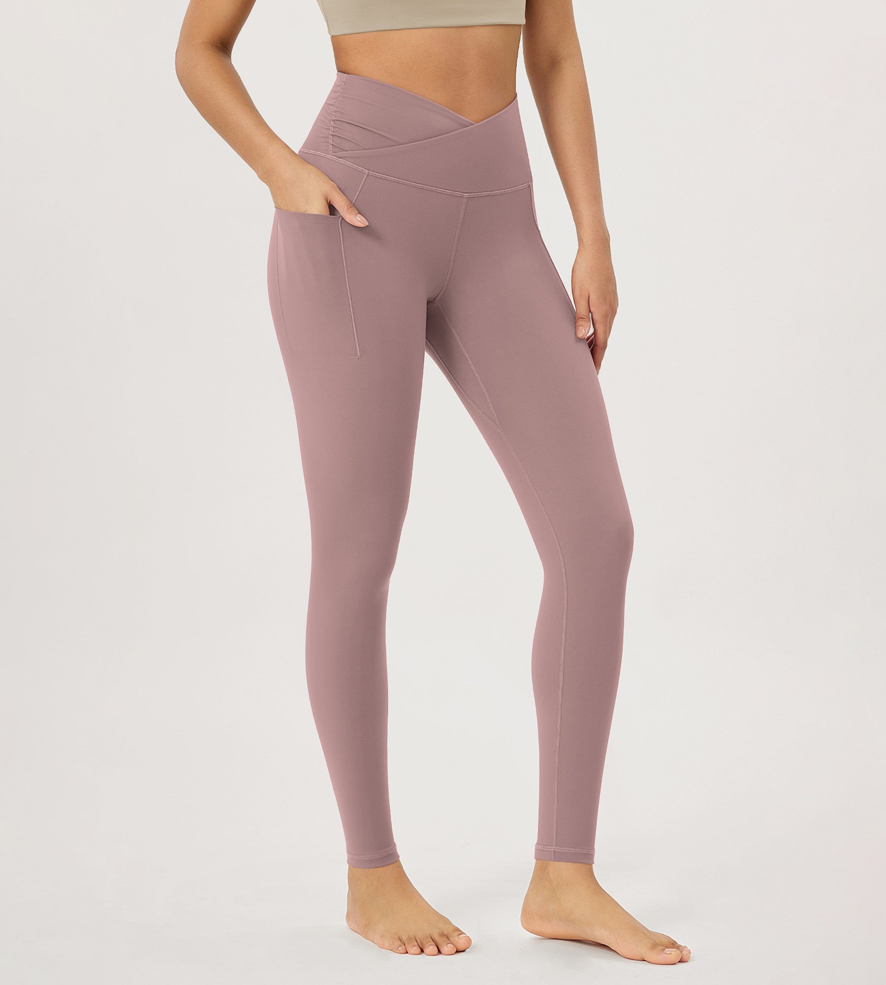 28" Gathered Crossover Workout Waist Yoga Leggings with Pockets Lavender - ododos