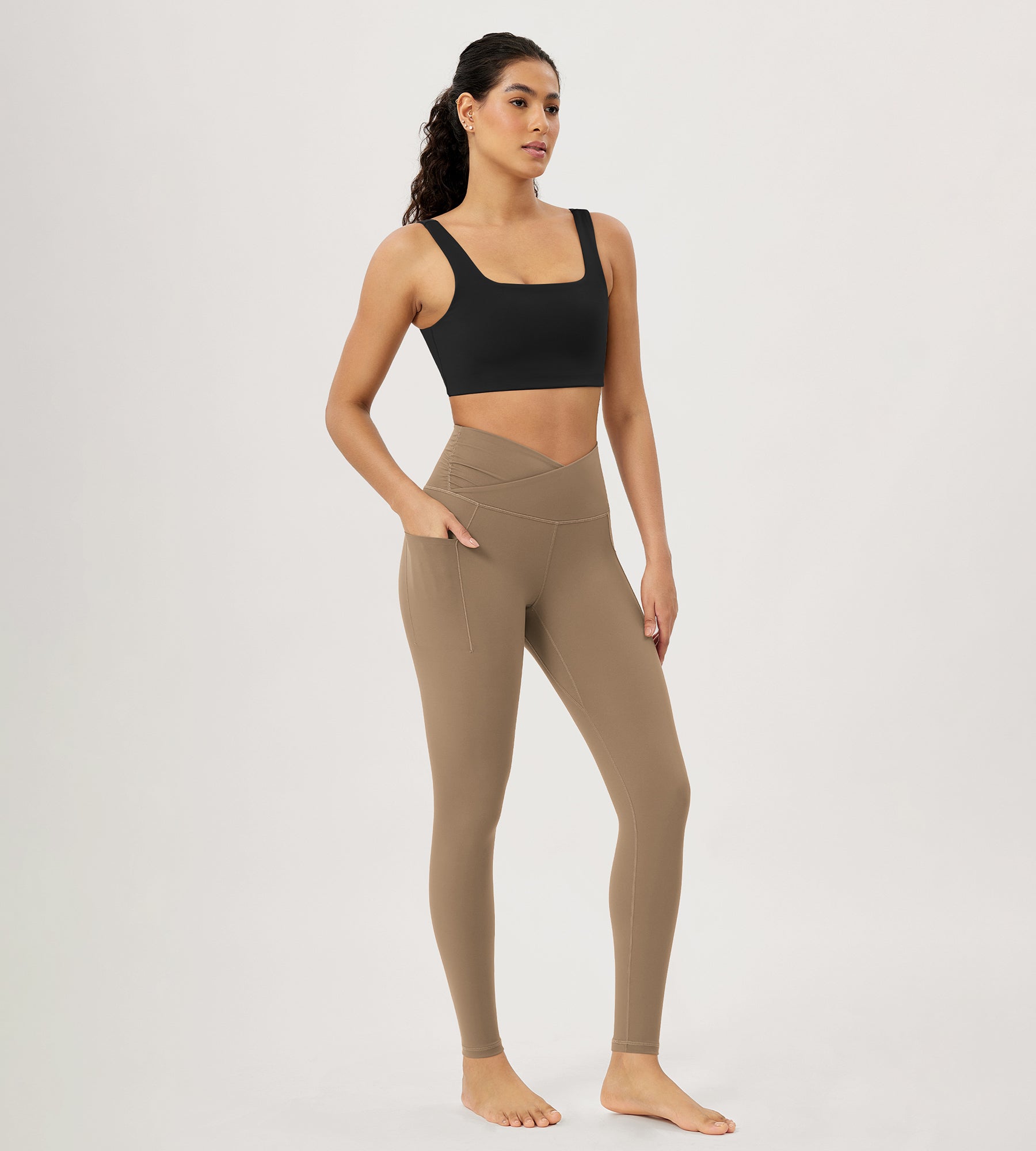 28" Gathered Crossover Workout Waist Yoga Leggings with Pockets - ododos