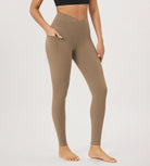 28" Gathered Crossover Workout Waist Yoga Leggings with Pockets Light Brown - ododos