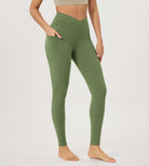 28" Gathered Crossover Workout Waist Yoga Leggings with Pockets Light Olive - ododos