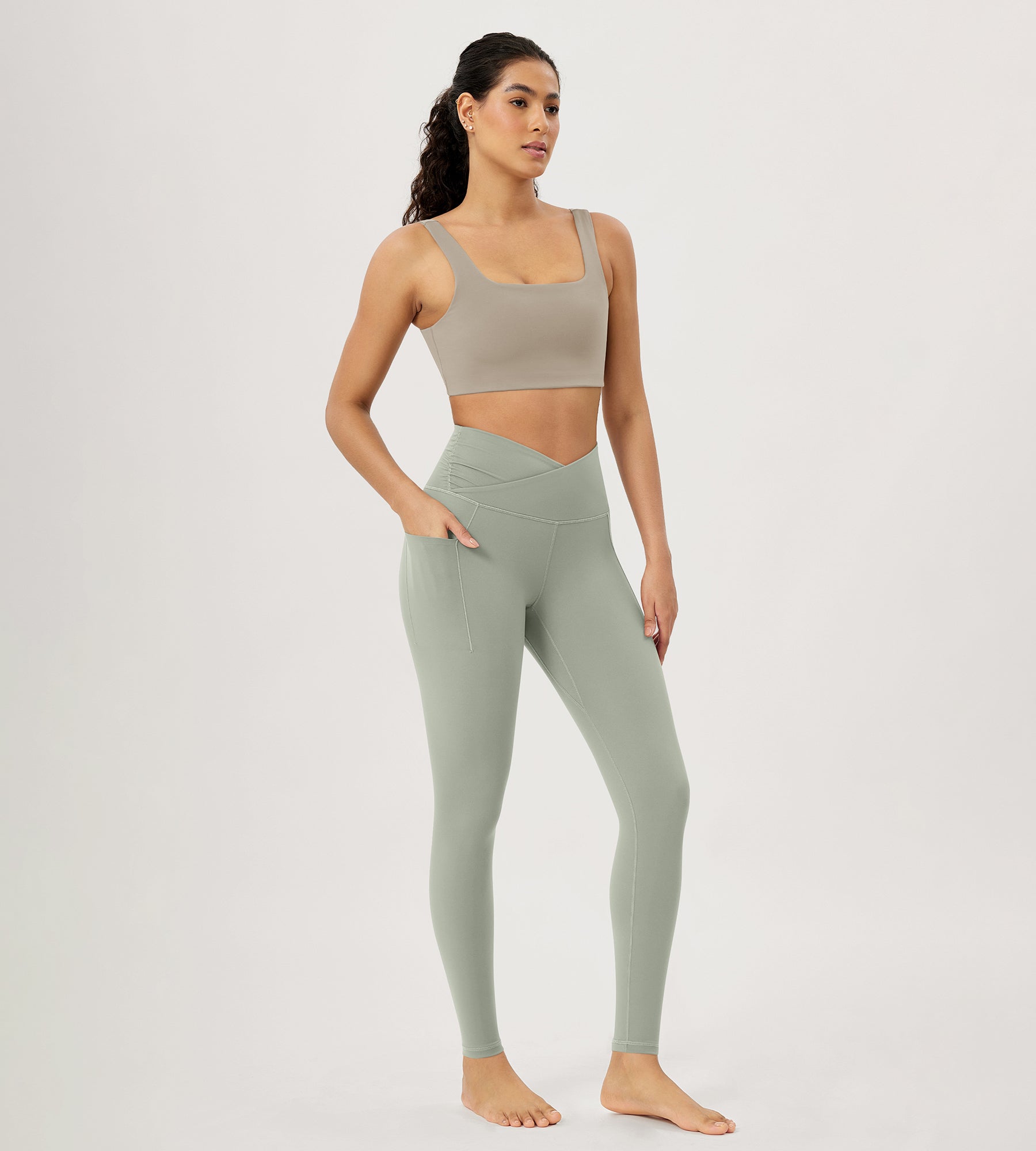 28" Gathered Crossover Workout Waist Yoga Leggings with Pockets - ododos