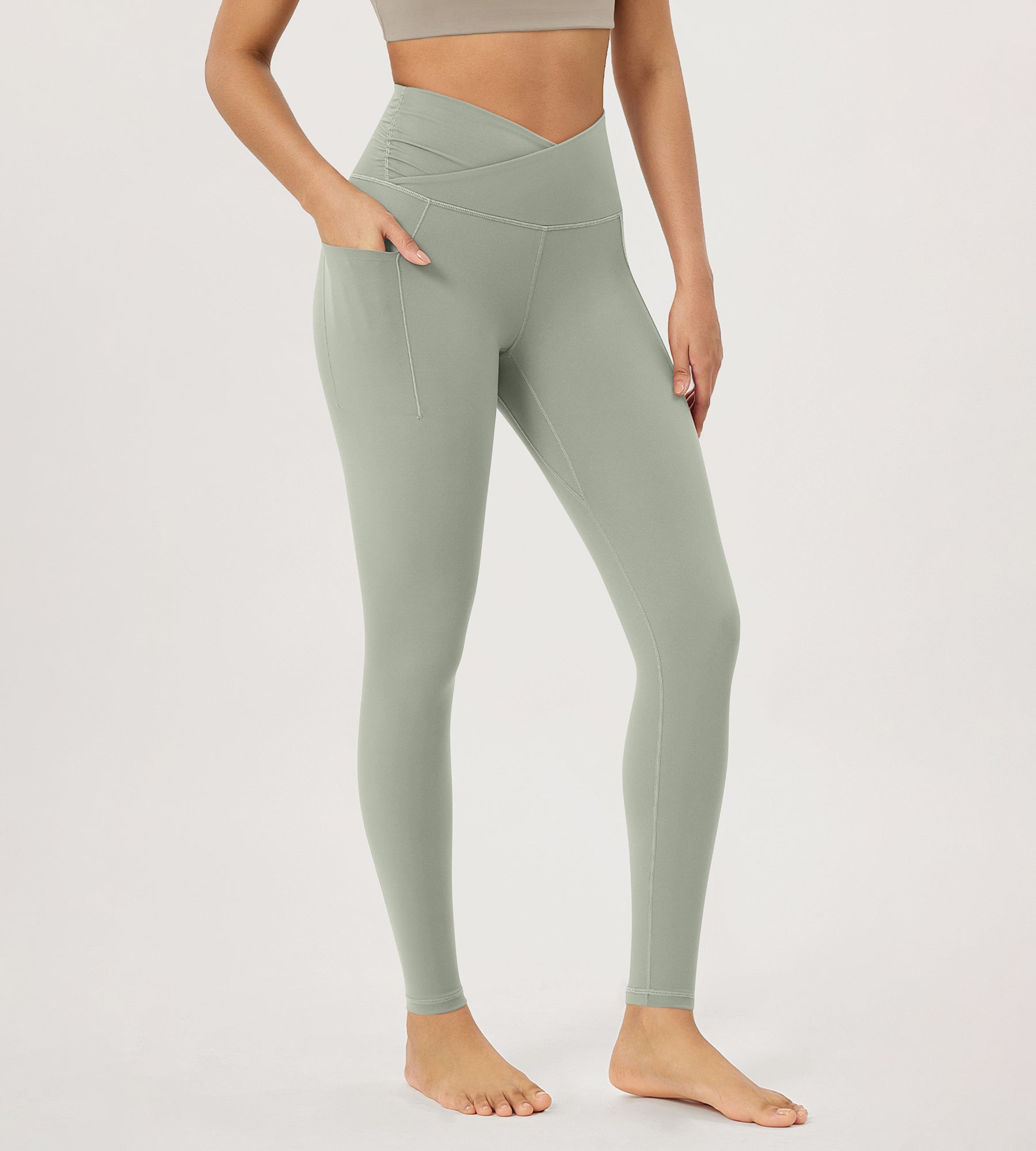 28" Gathered Crossover Workout Waist Yoga Leggings with Pockets Lime Stone - ododos