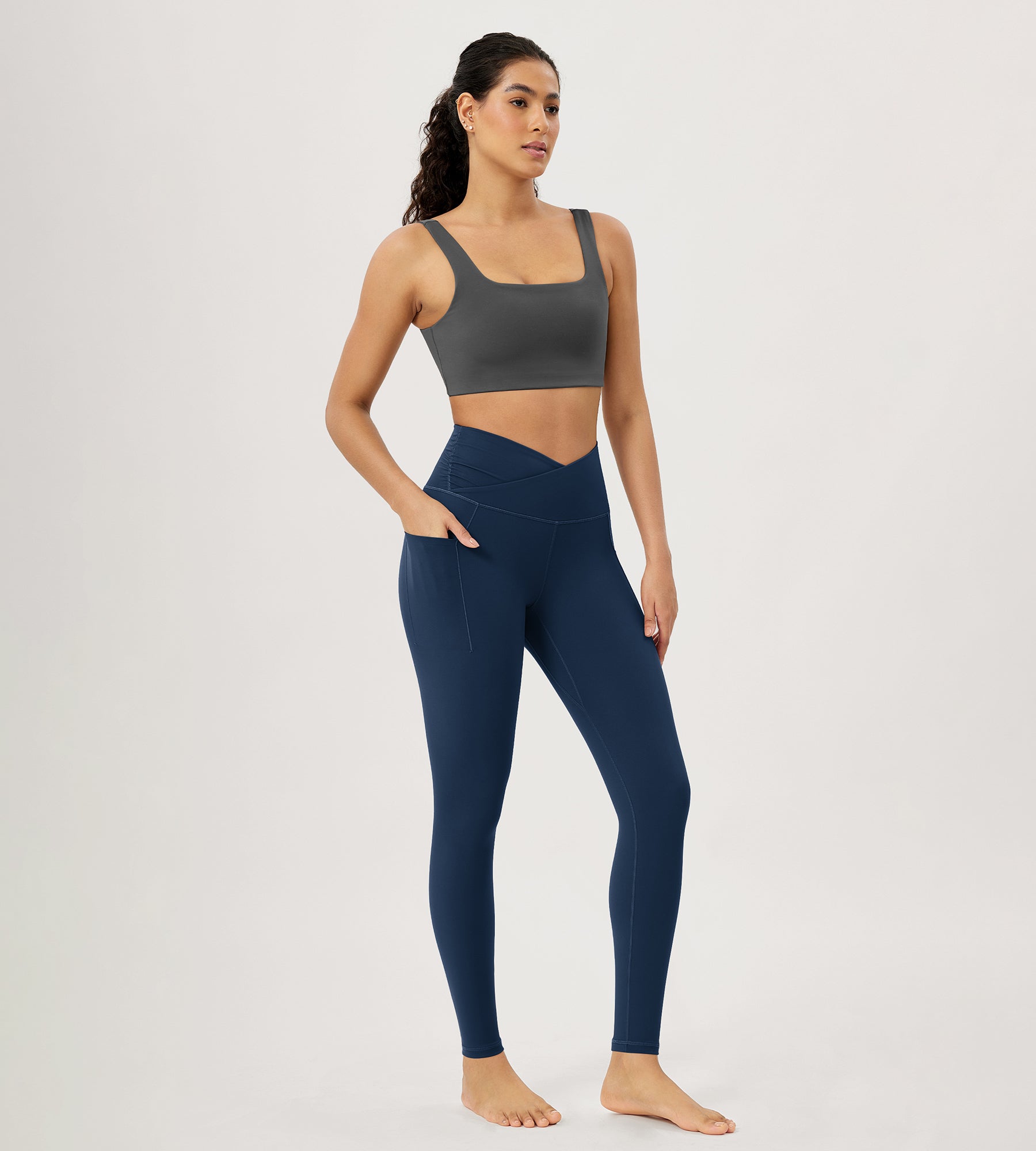 28" Gathered Crossover Workout Waist Yoga Leggings with Pockets - ododos