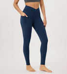 28" Gathered Crossover Workout Waist Yoga Leggings with Pockets Navy - ododos