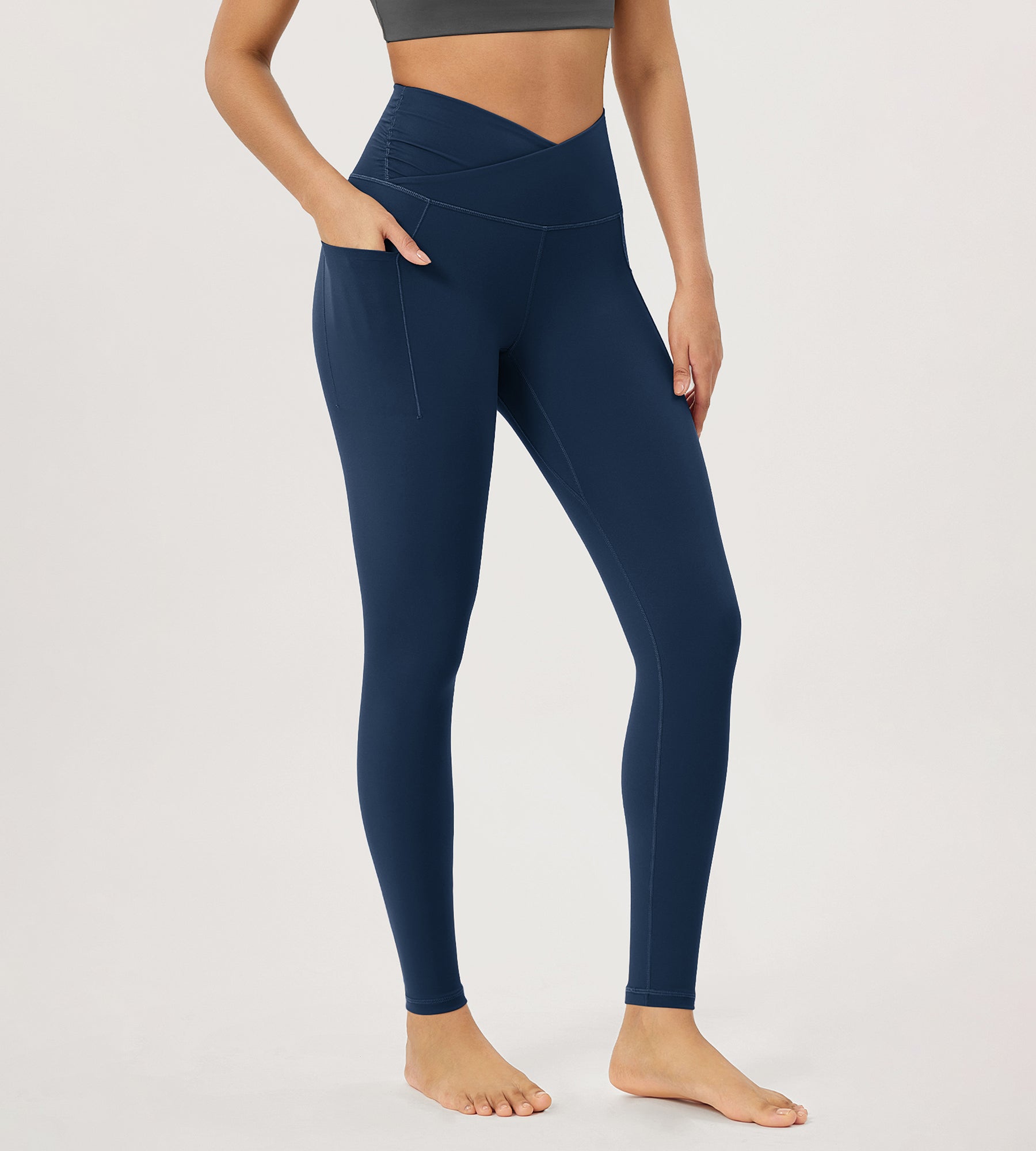 28" Gathered Crossover Workout Waist Yoga Leggings with Pockets Navy - ododos