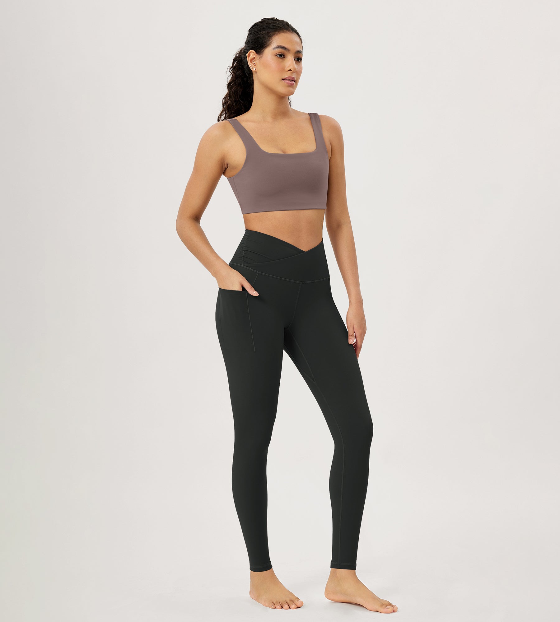 28" Gathered Crossover Workout Waist Yoga Leggings with Pockets - ododos