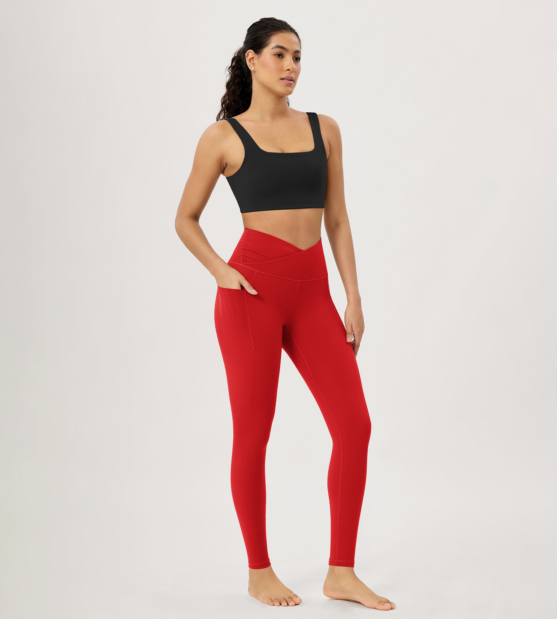 28" Gathered Crossover Workout Waist Yoga Leggings with Pockets - ododos