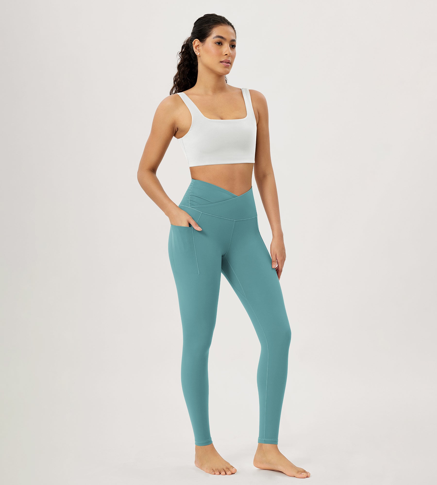 28" Gathered Crossover Workout Waist Yoga Leggings with Pockets - ododos