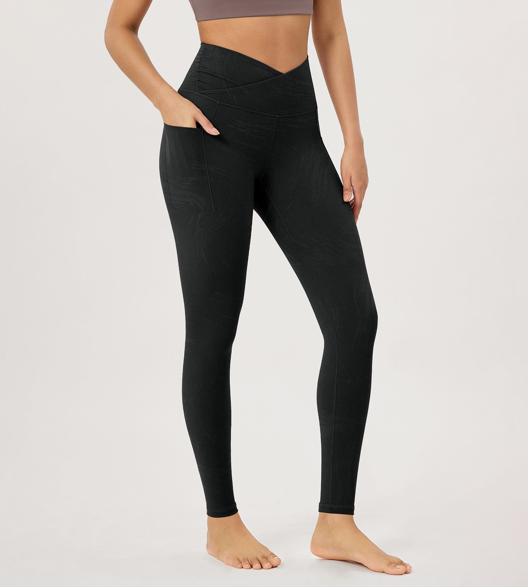 28" Gathered Crossover Workout Waist Yoga Leggings with Pockets - ododos