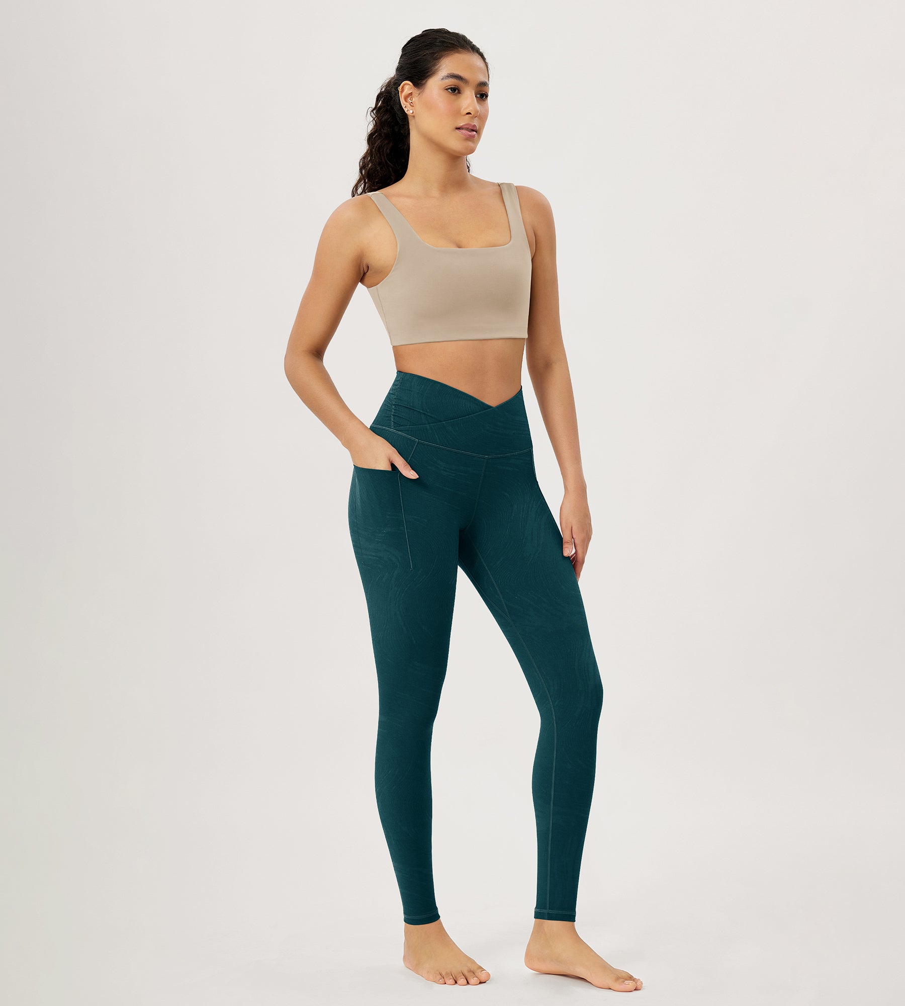 28" Gathered Crossover Workout Waist Yoga Leggings with Pockets - ododos