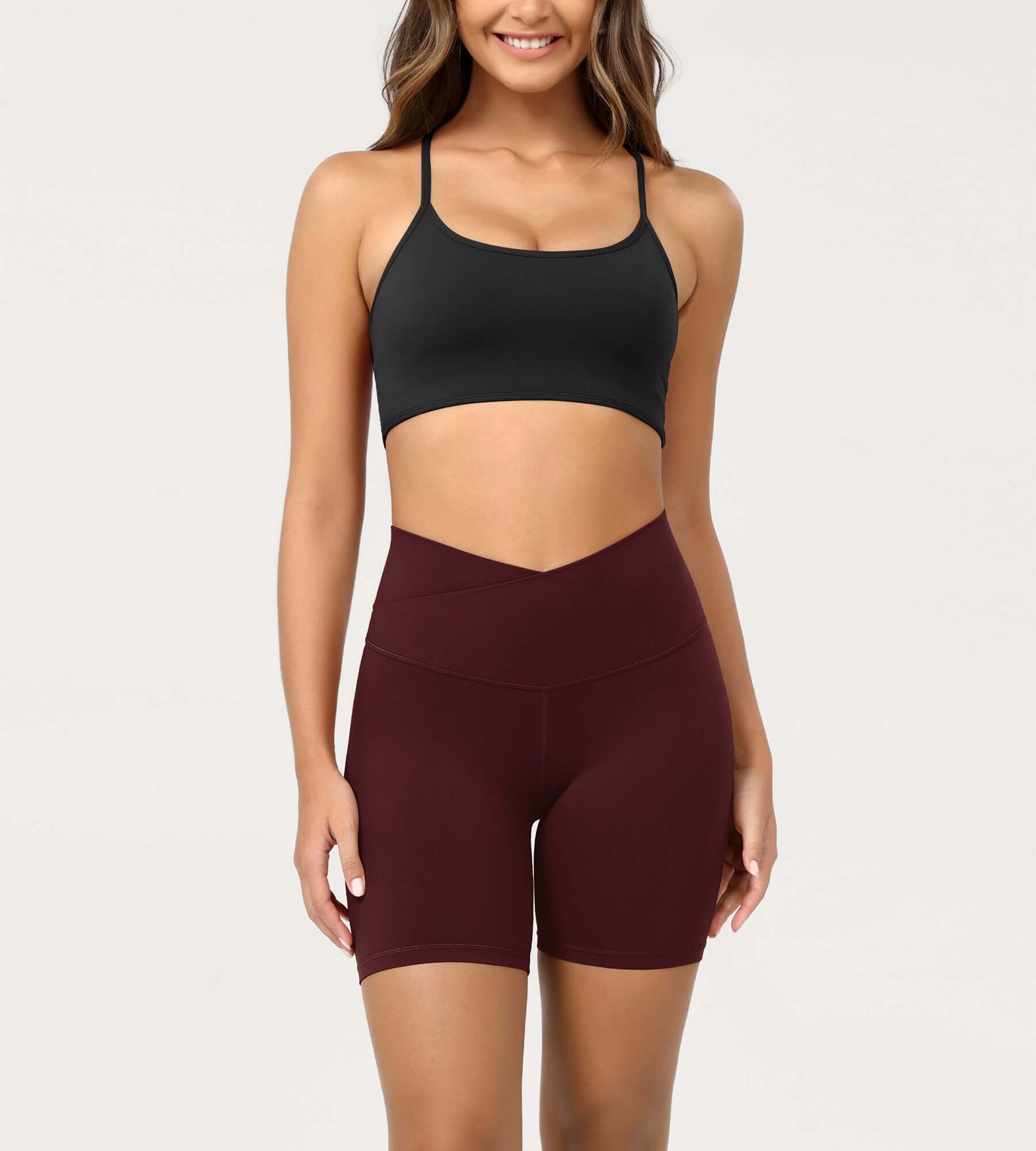 Cloud Feeling 6 Crossover Yoga Shorts Burgundy - ododos