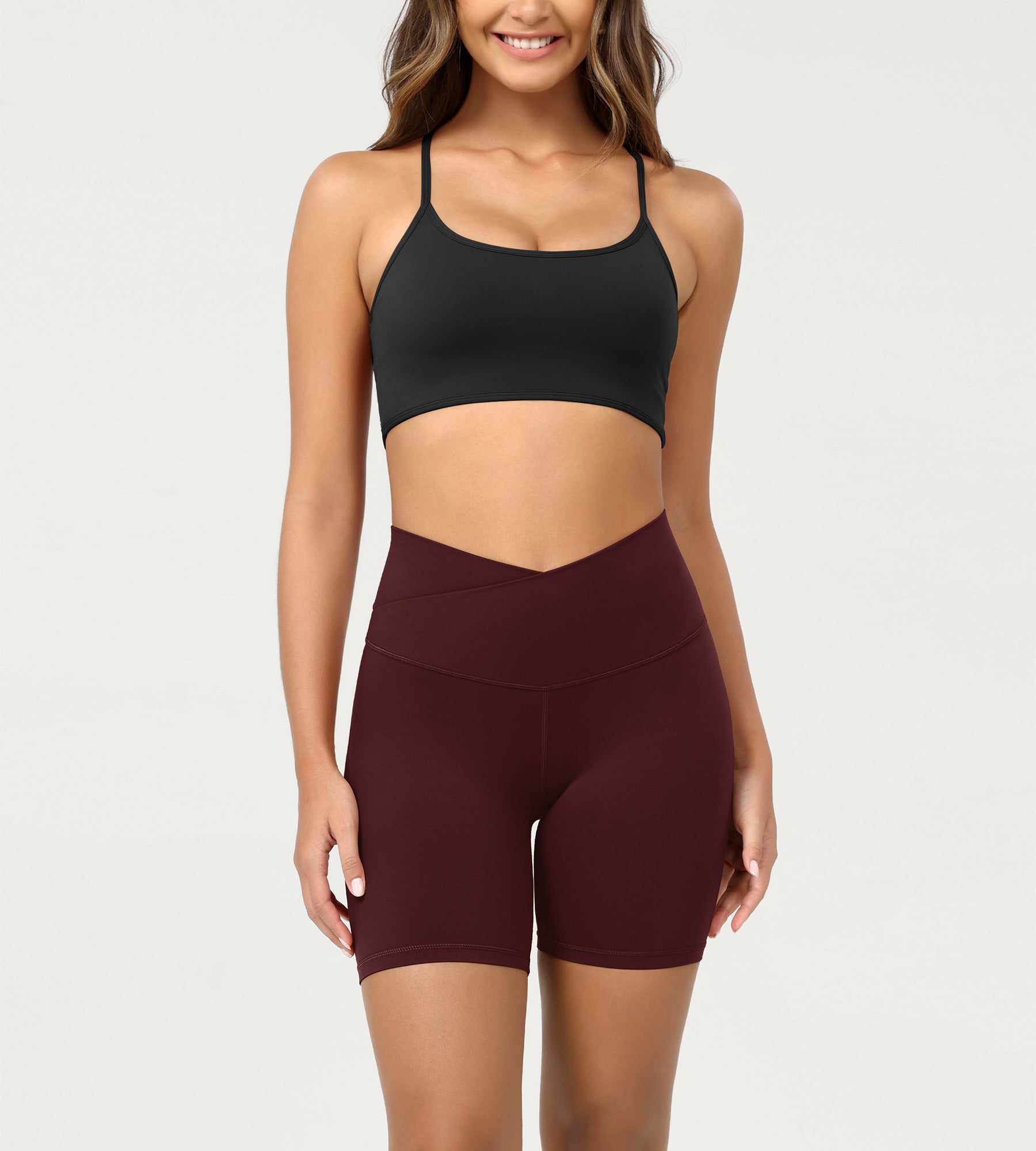 Cloud Feeling 6" Crossover Yoga Shorts Burgundy - ododos