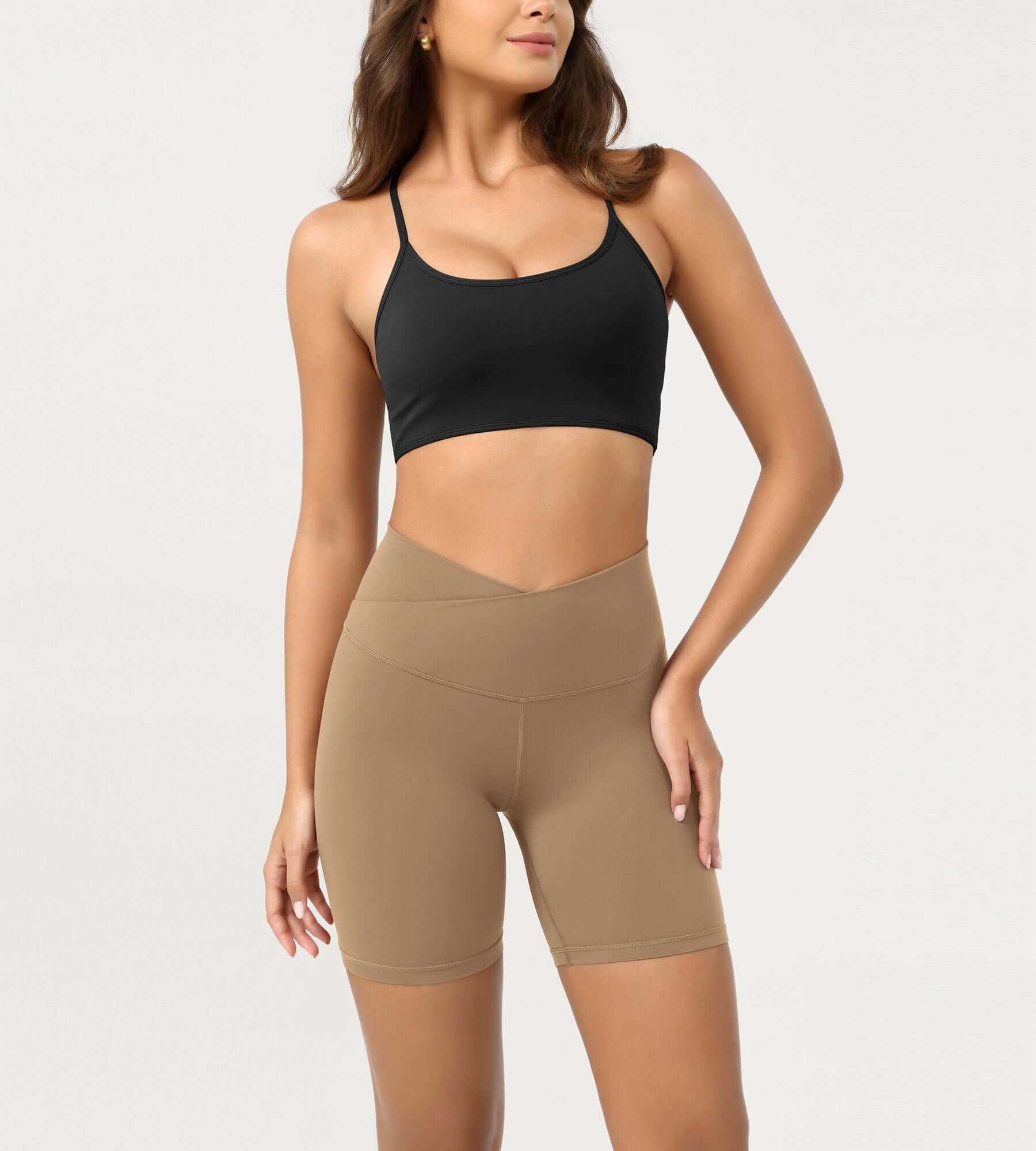 Cloud Feeling 6 Crossover Yoga Shorts Light Brown - ododos