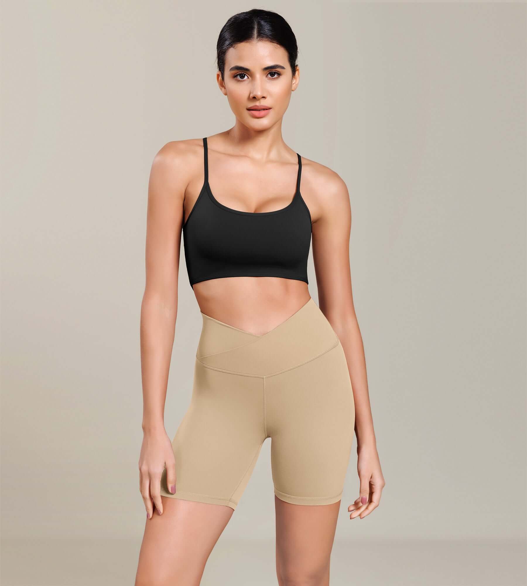 Cloud Feeling 6 Cross Waist Yoga Lounge Shorts Beige - ododos