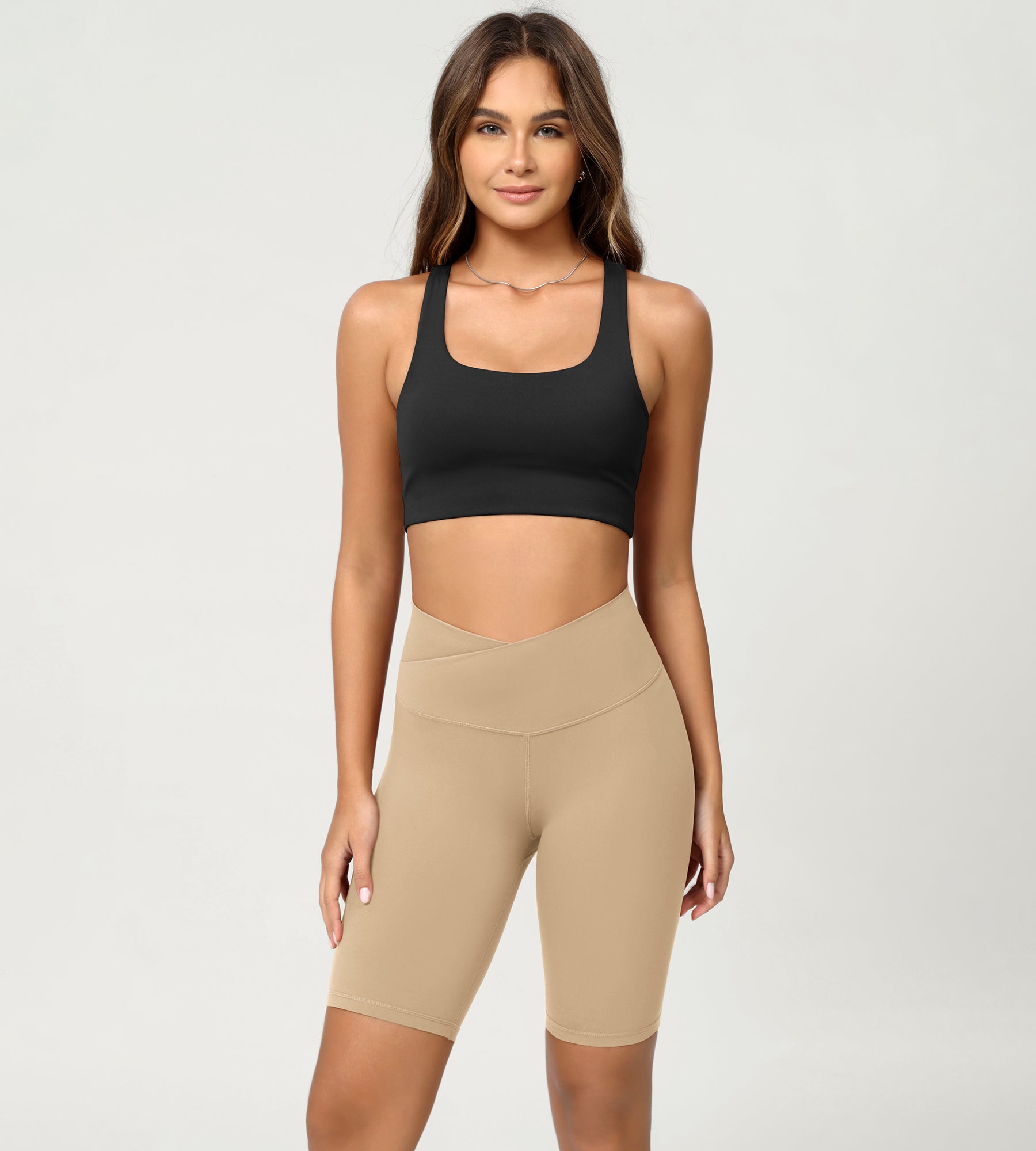 Cloud Feeling 8" Crossover Yoga Shorts Beige - ododos