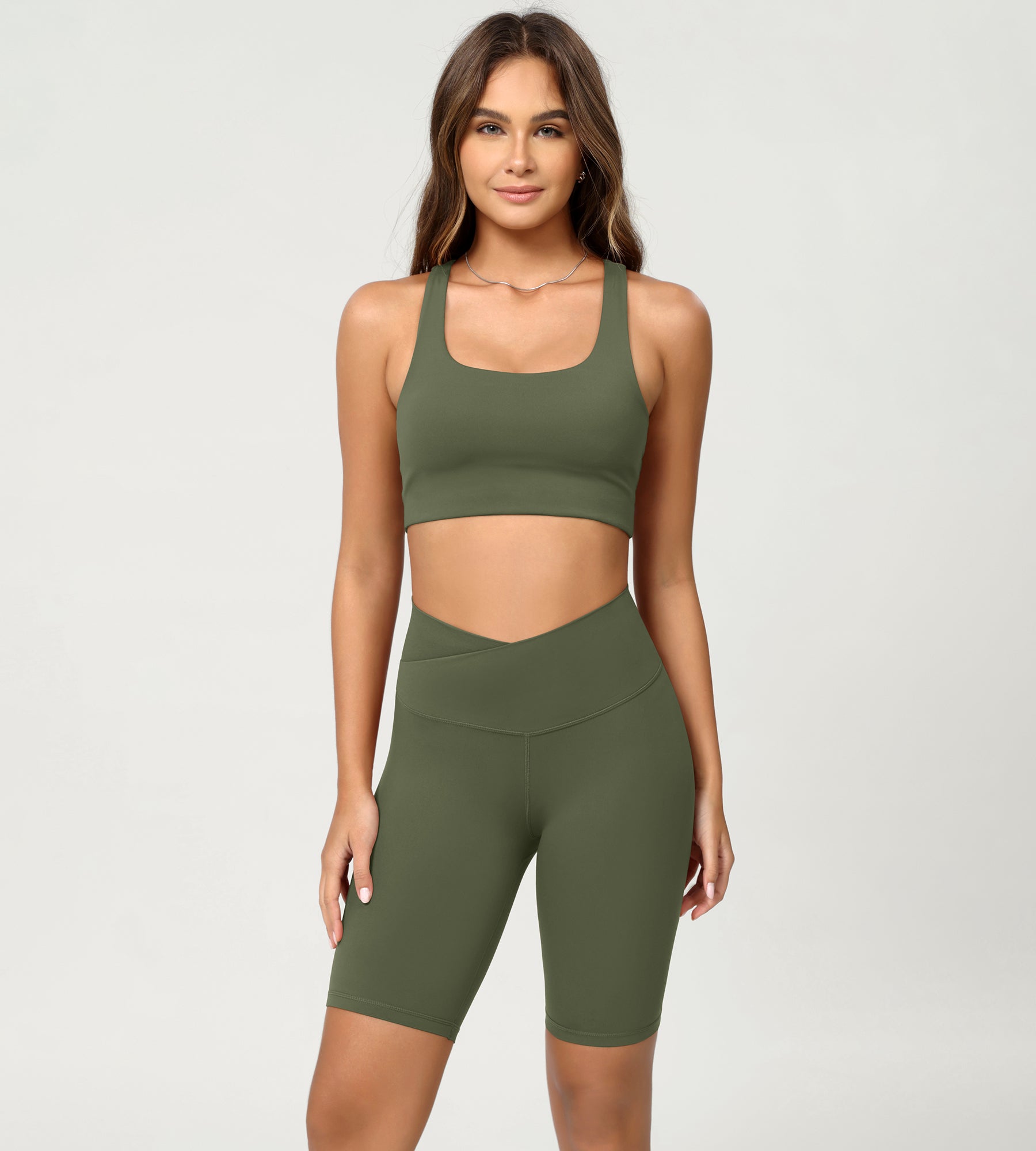 Cloud Feeling 8" Crossover Yoga Shorts Dark Olive - ododos