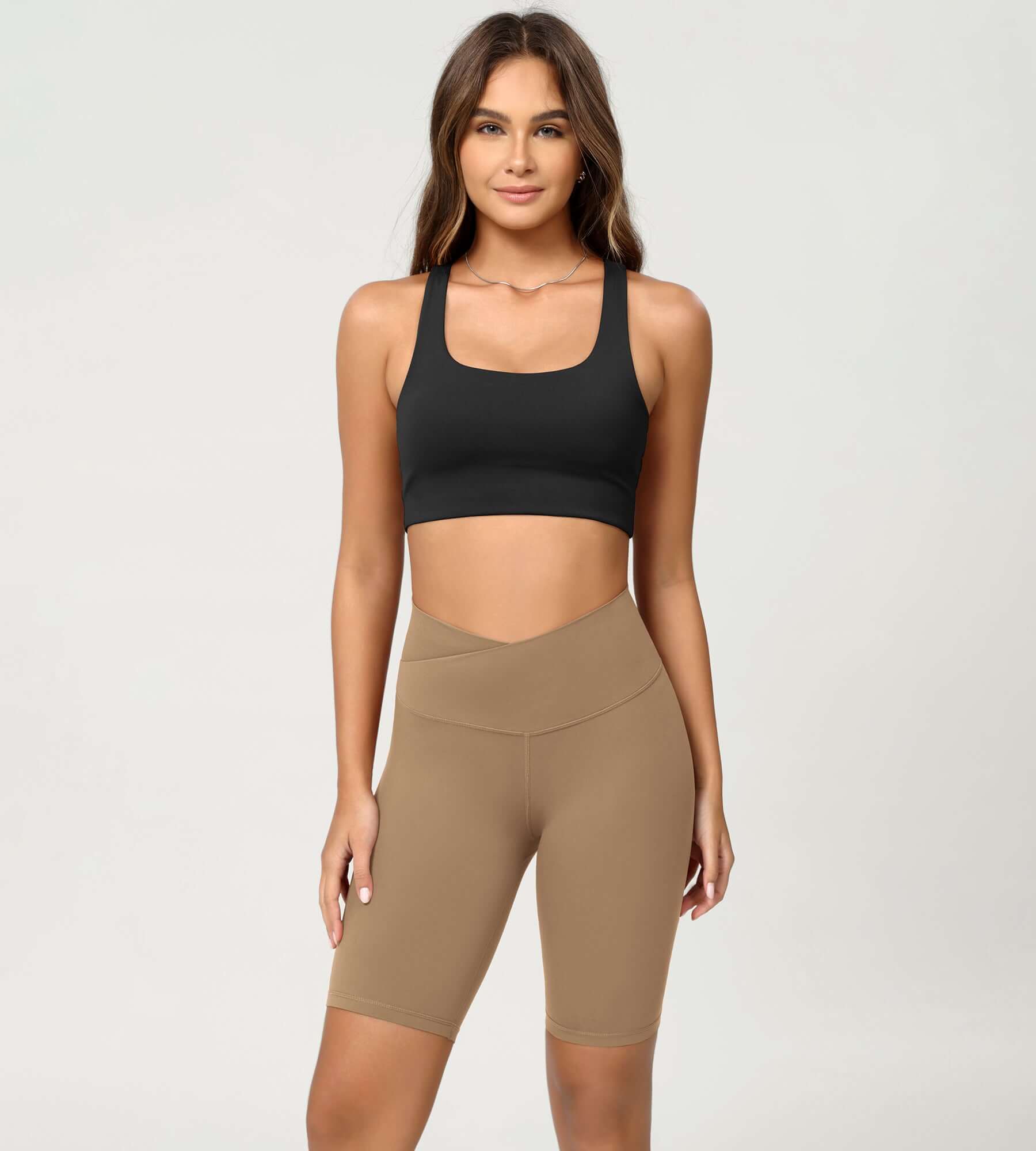 Cloud Feeling 8 Crossover Yoga Shorts Light Brown - ododos
