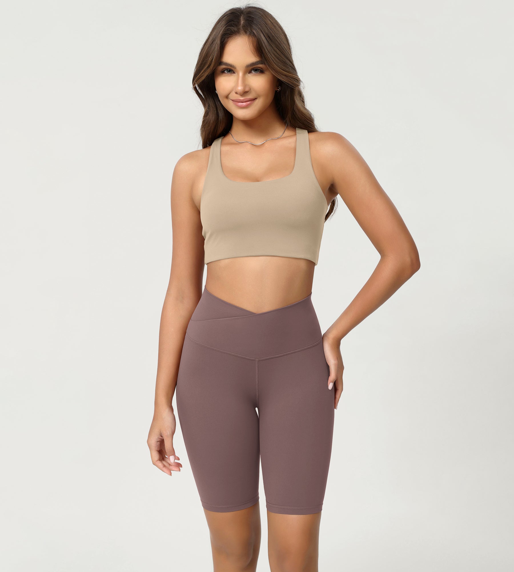 Cloud Feeling 8" Crossover Yoga Shorts Purple Taupe - ododos