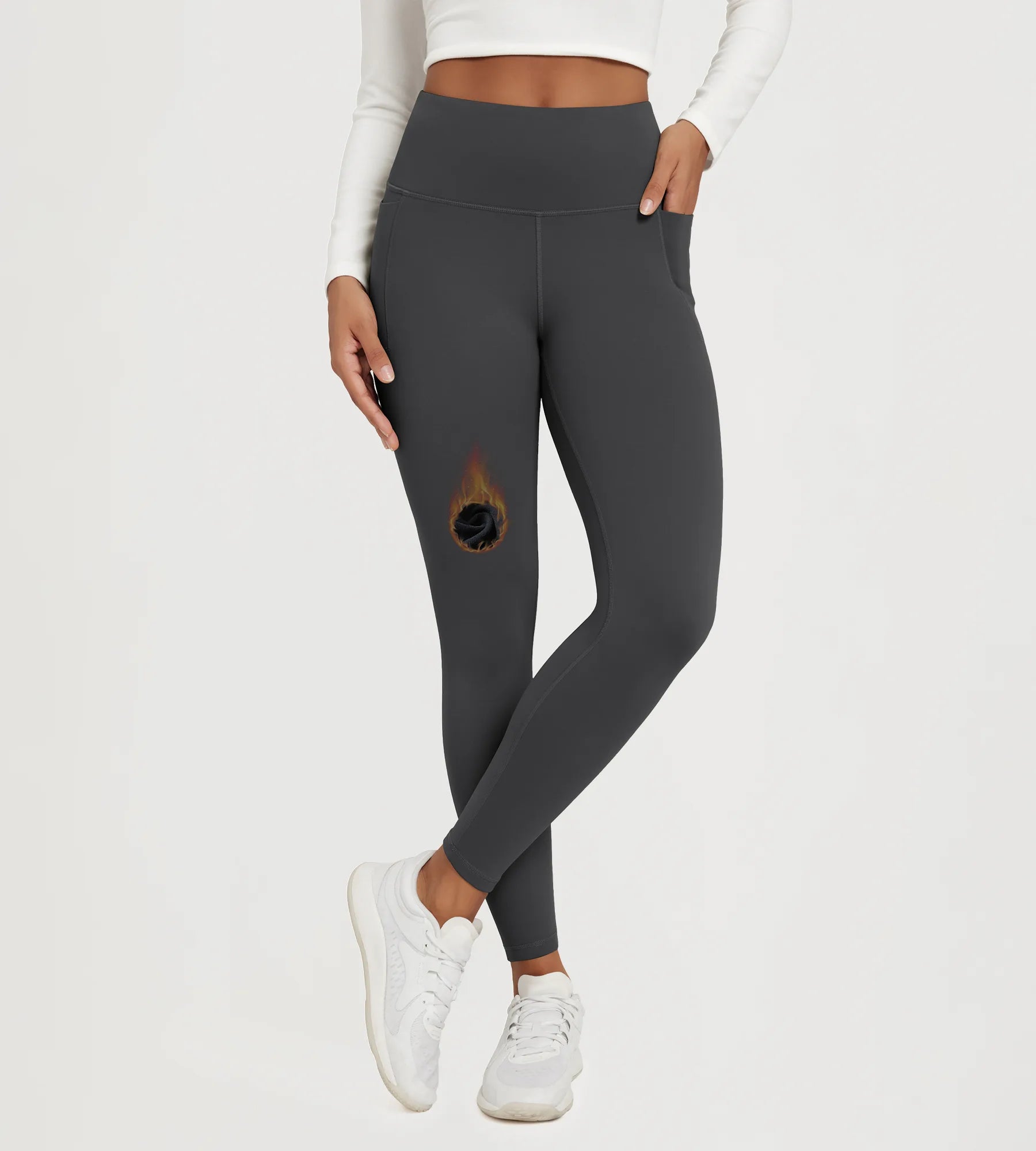 25" Fleece Lined Leggings with Pockets showcased in grey with a unique design feature.