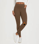 25" Fleece Lined Leggings with Pockets in brown color with unique burn design and side pockets.