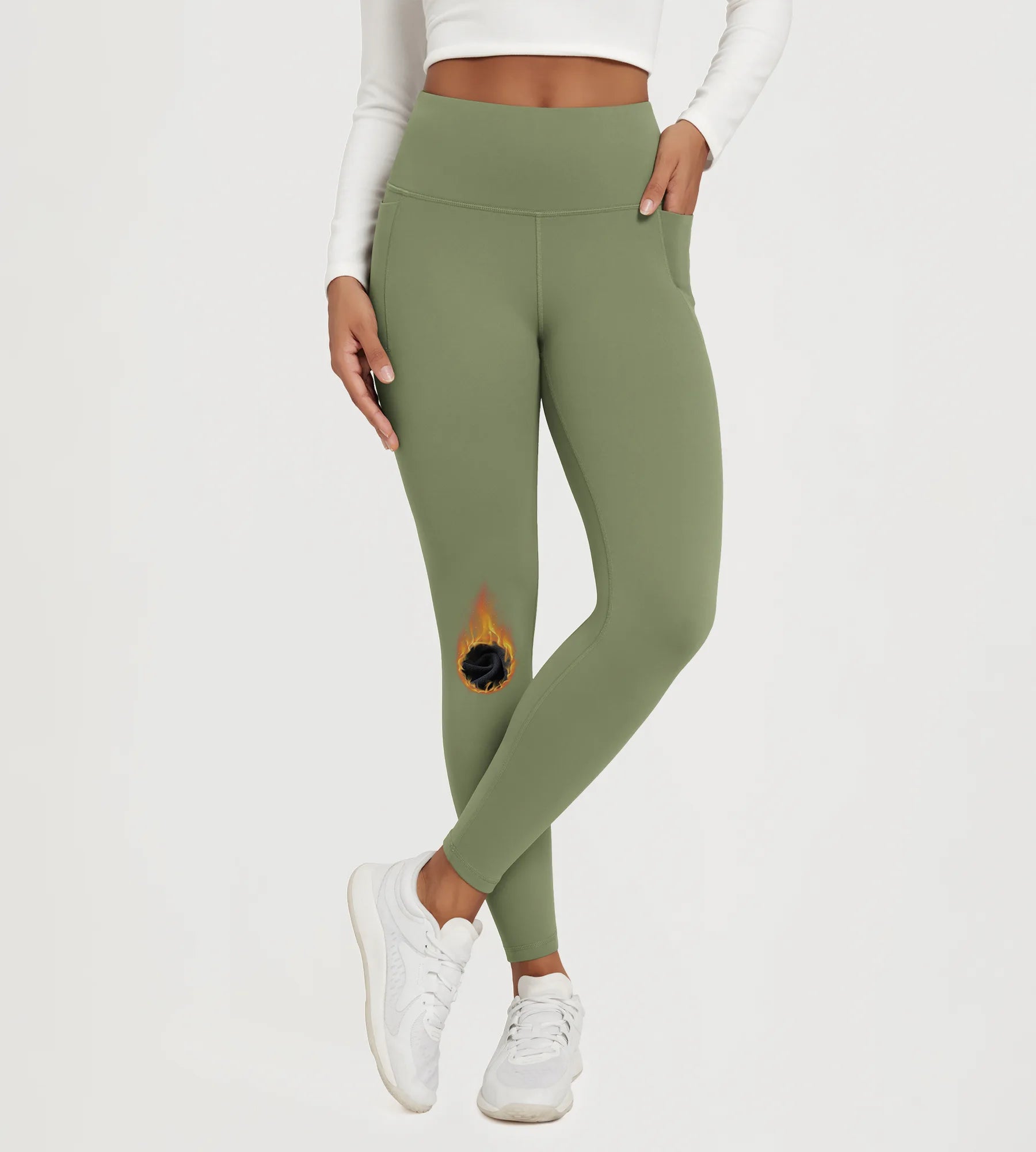 25" Fleece Lined Leggings with Pockets, showcasing a model wearing olive green leggings with pockets.