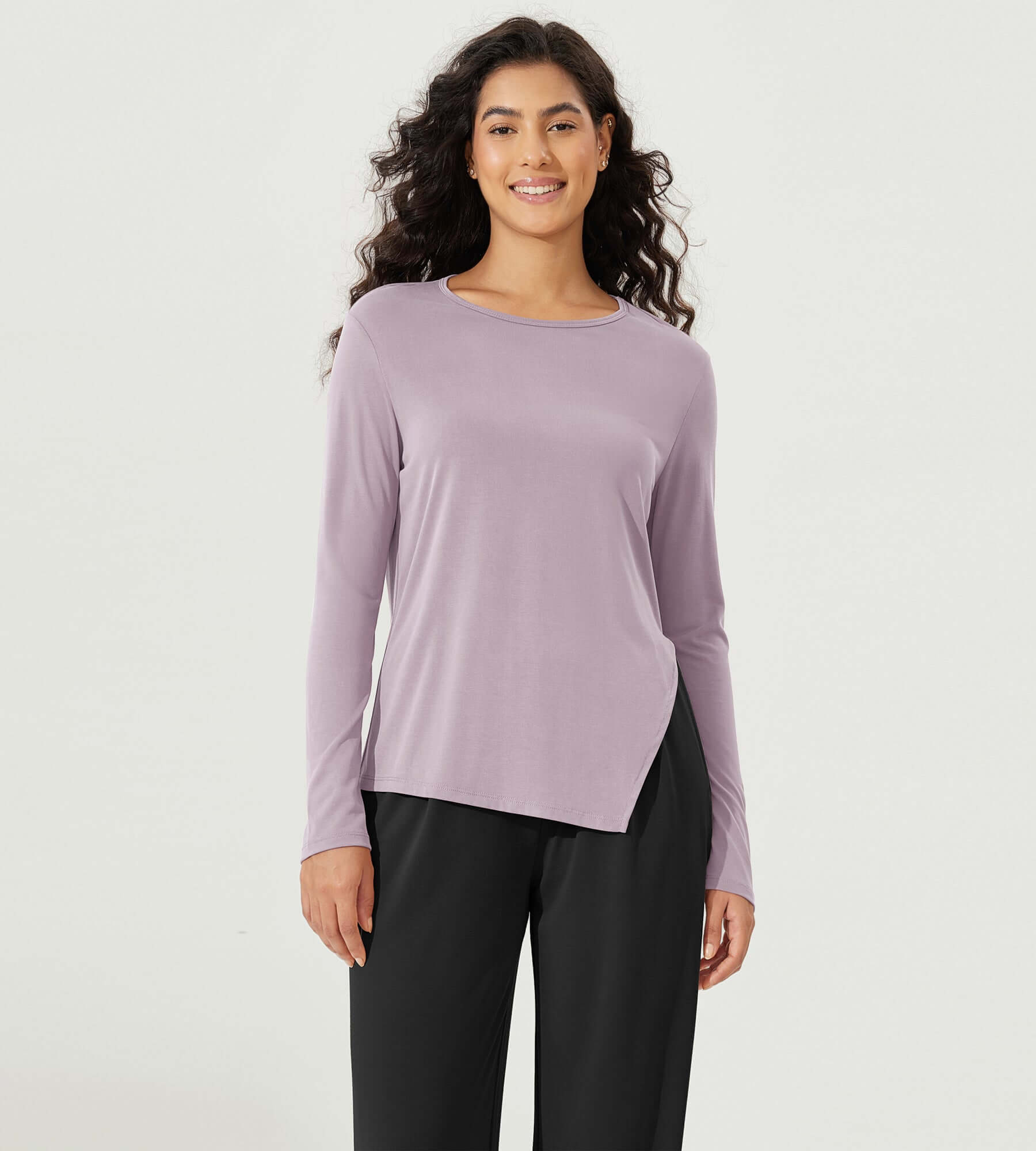 Split Hem Long Sleeve Athletic Gym Workout Tee Lavender - ododos