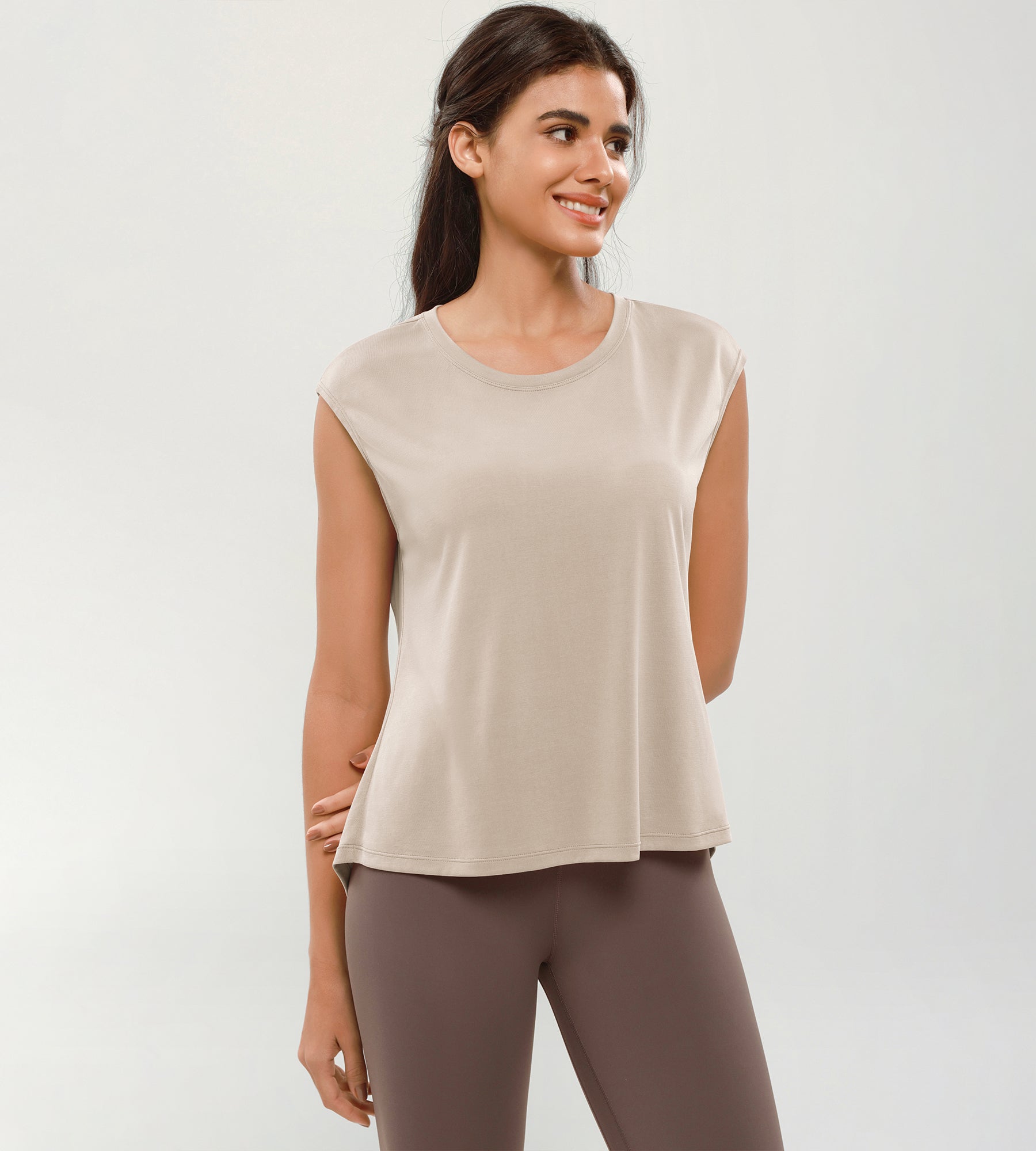 Modal Soft Crew Neck Yoga Summer Flowy Workout Sleeveless Shirts Abalone - ododos