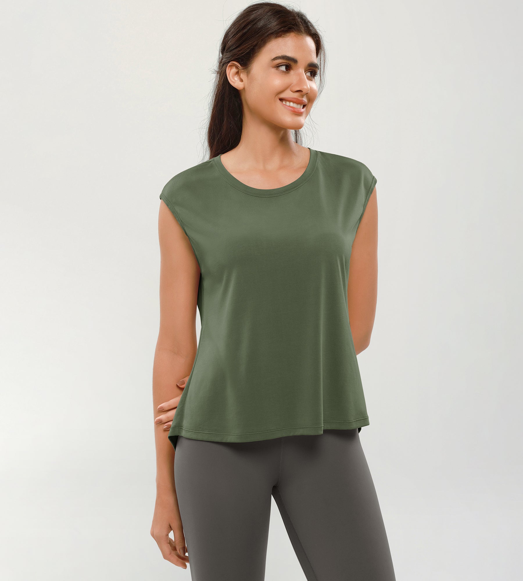 Modal Soft Crew Neck Yoga Summer Flowy Workout Sleeveless Shirts Army Green - ododos