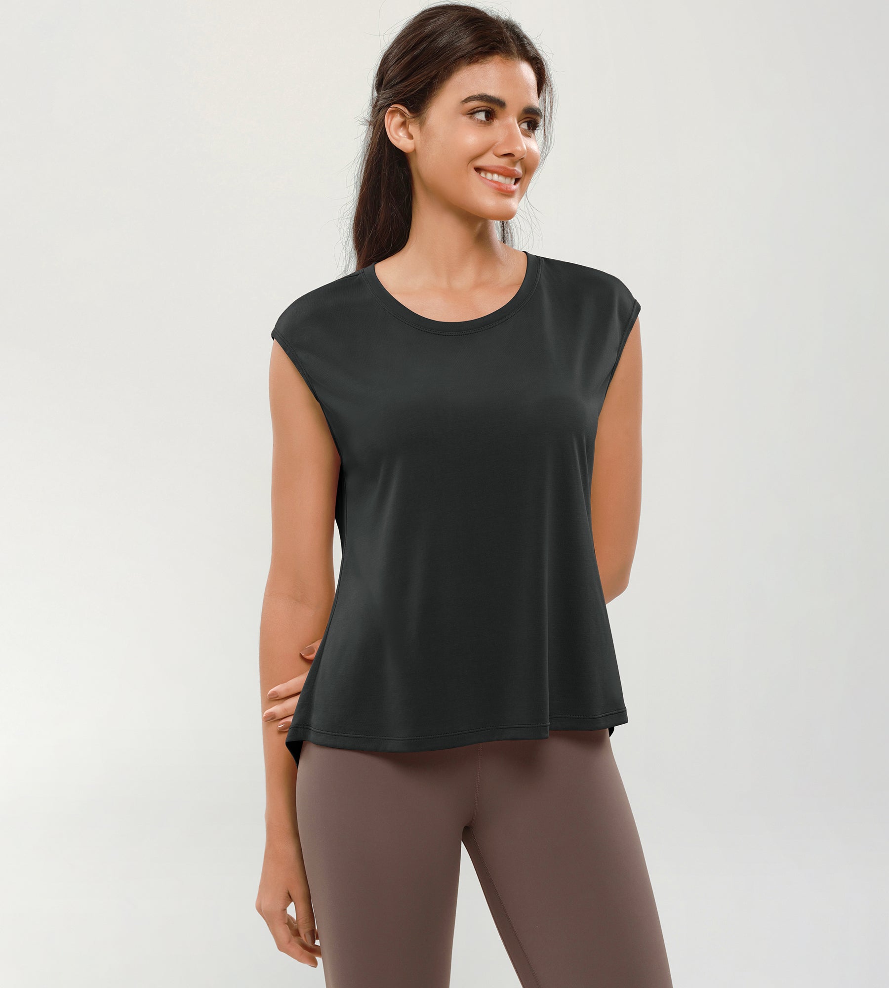 Modal Soft Crew Neck Yoga Summer Flowy Workout Sleeveless Shirts Black - ododos