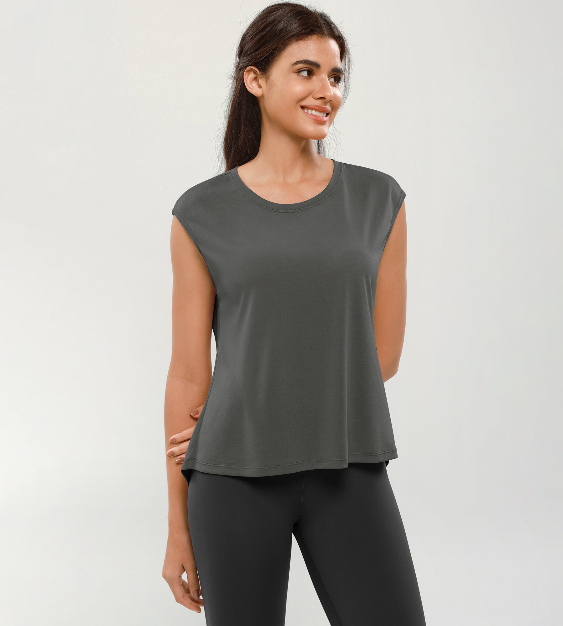 Modal Soft Crew Neck Yoga Summer Flowy Workout Sleeveless Shirts Charcoal - ododos