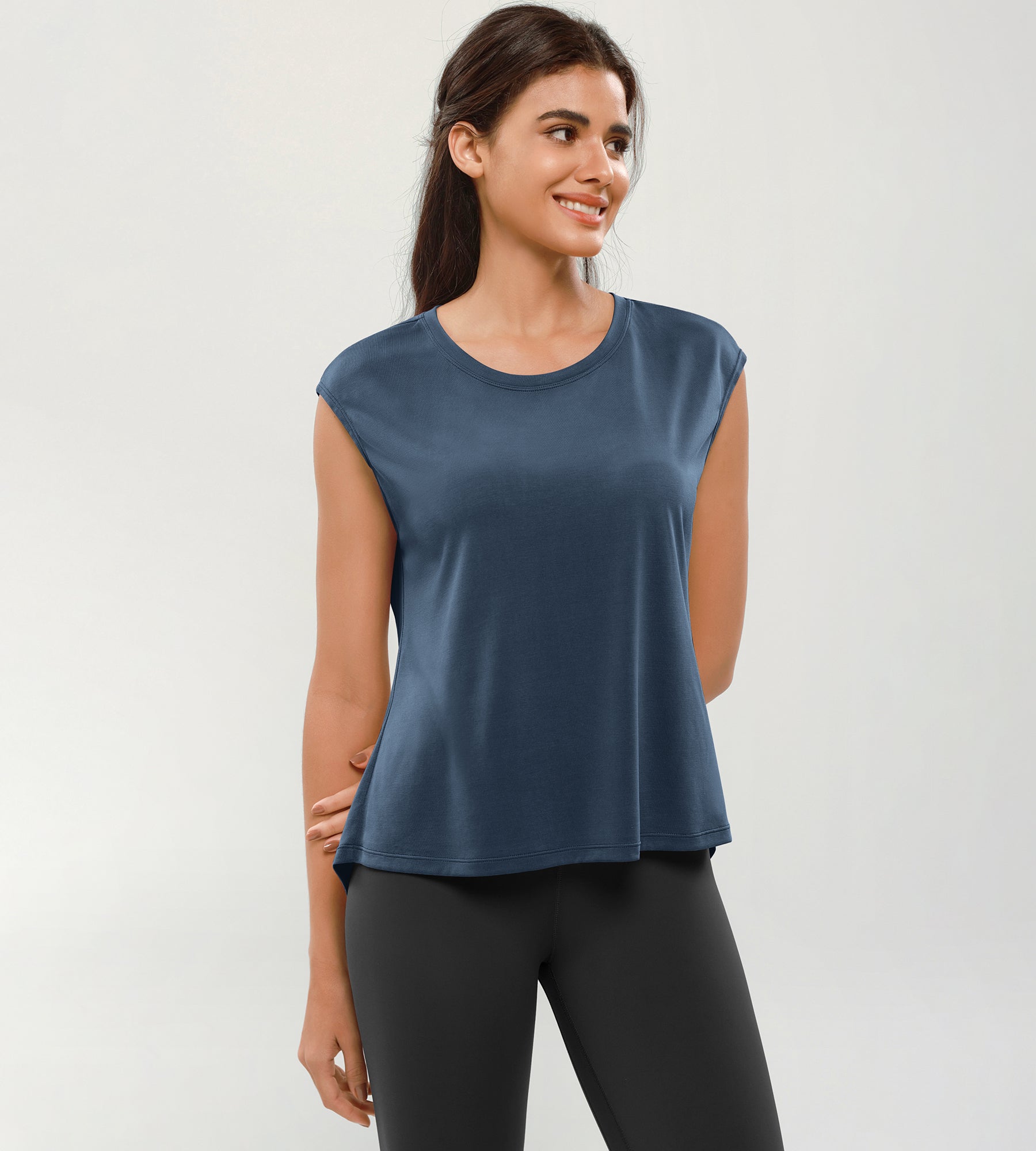 Modal Soft Crew Neck Yoga Summer Flowy Workout Sleeveless Shirts Dark Blue - ododos