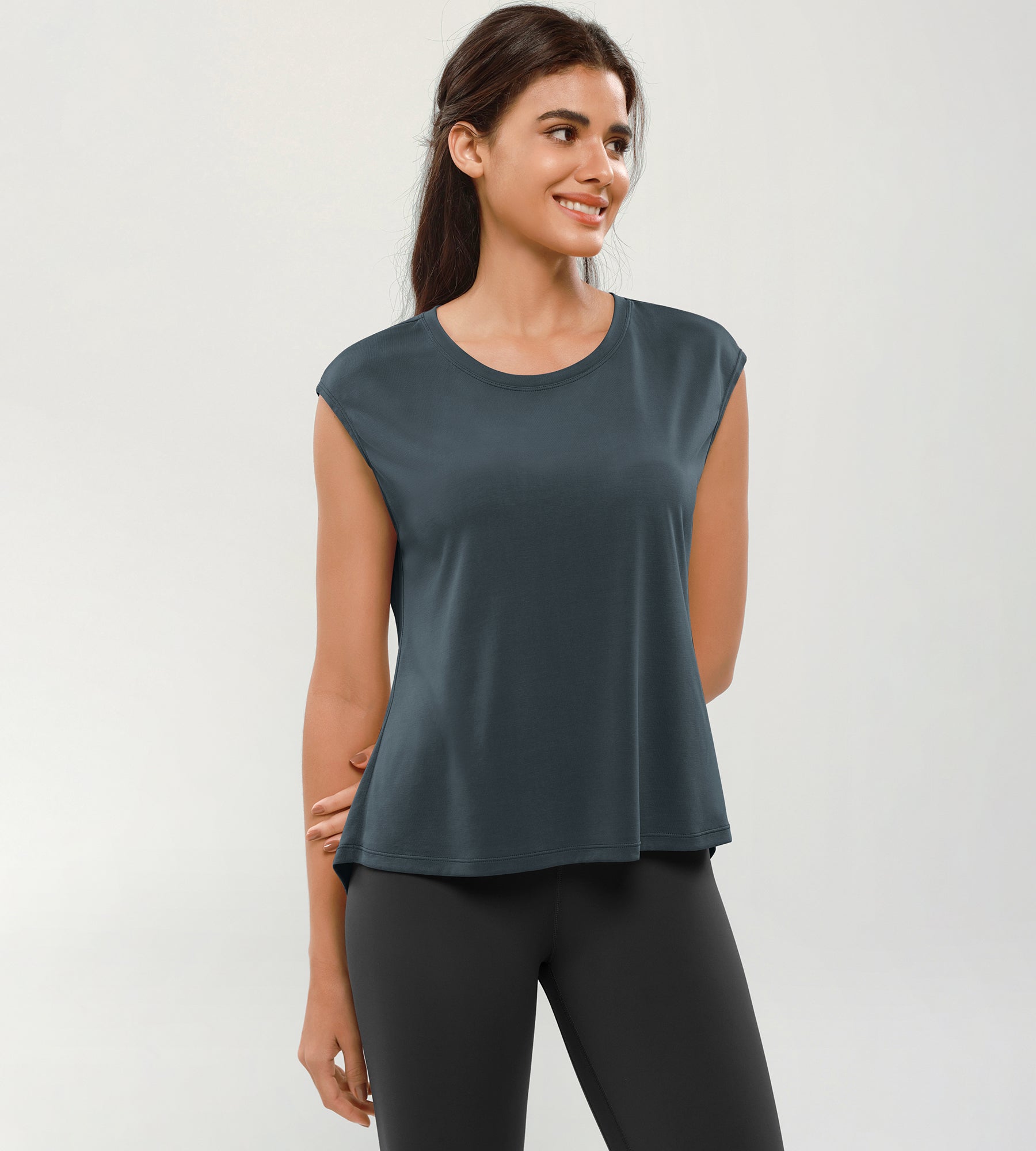 Modal Soft Crew Neck Yoga Summer Flowy Workout Sleeveless Shirts Deep Teal - ododos