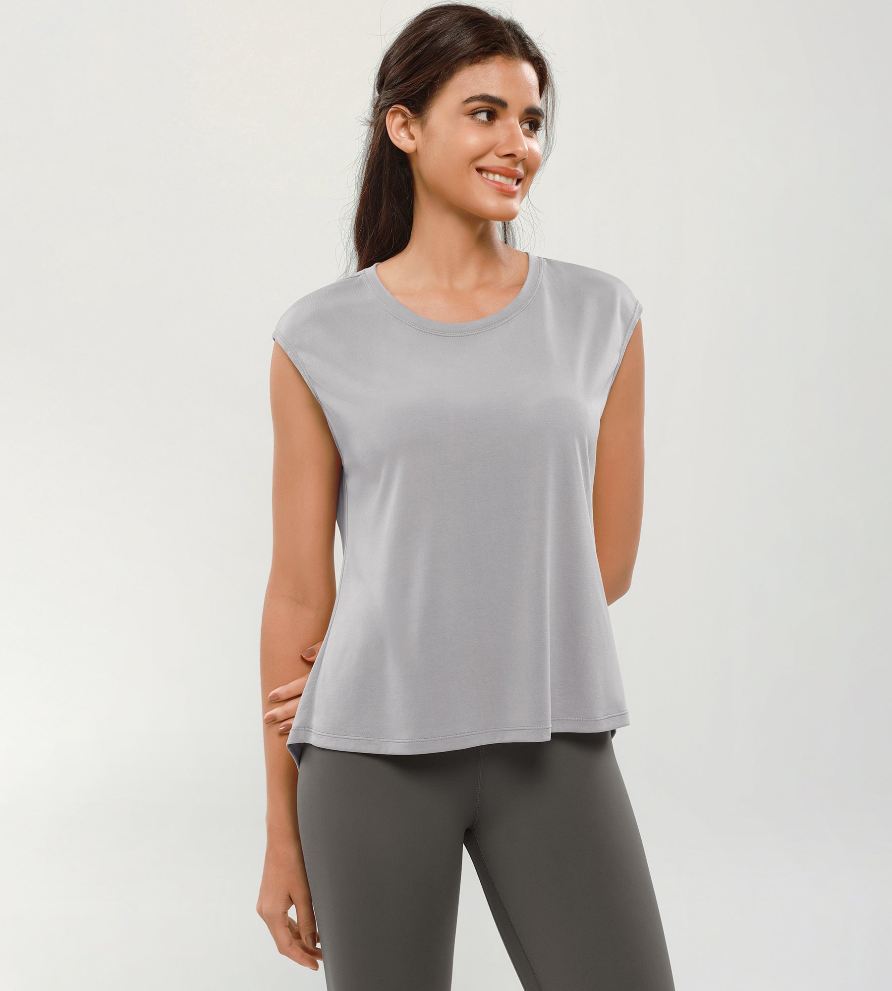 Modal Soft Crew Neck Yoga Summer Flowy Workout Sleeveless Shirts Light Grey - ododos