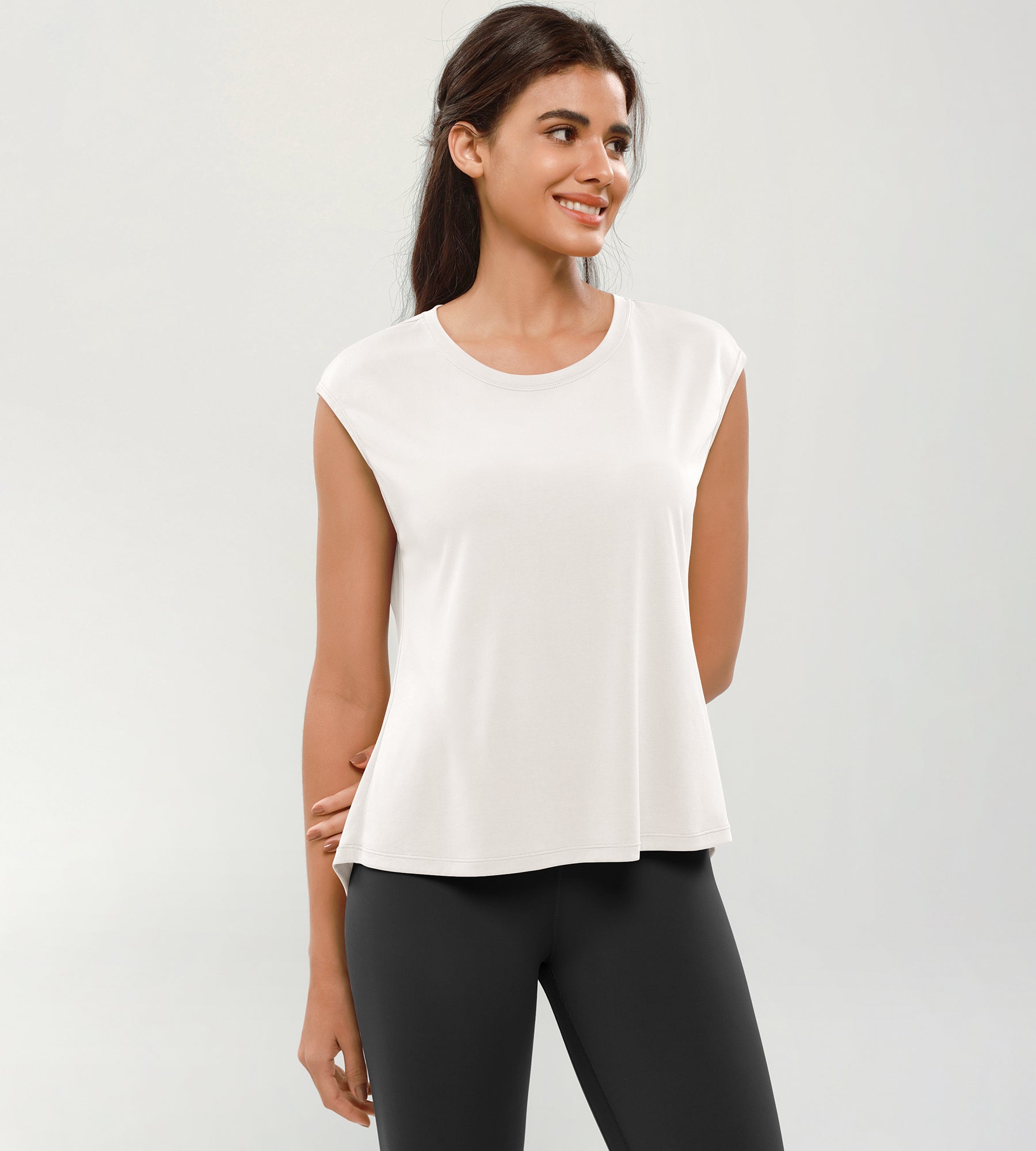 Modal Soft Crew Neck Yoga Summer Flowy Workout Sleeveless Shirts White - ododos