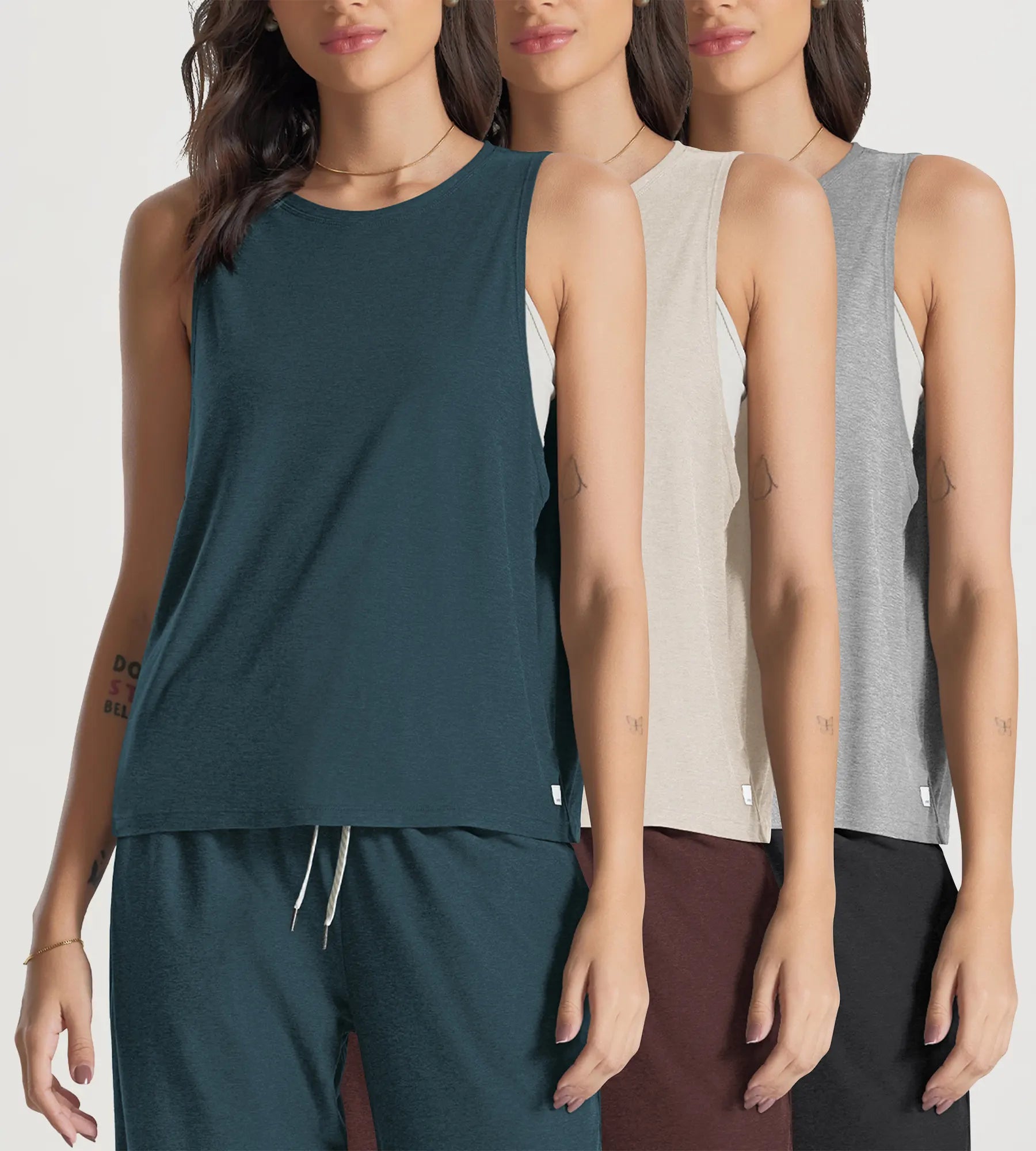ODODOS Stratum loose tank tops in three colors, perfect for summer workout wear.