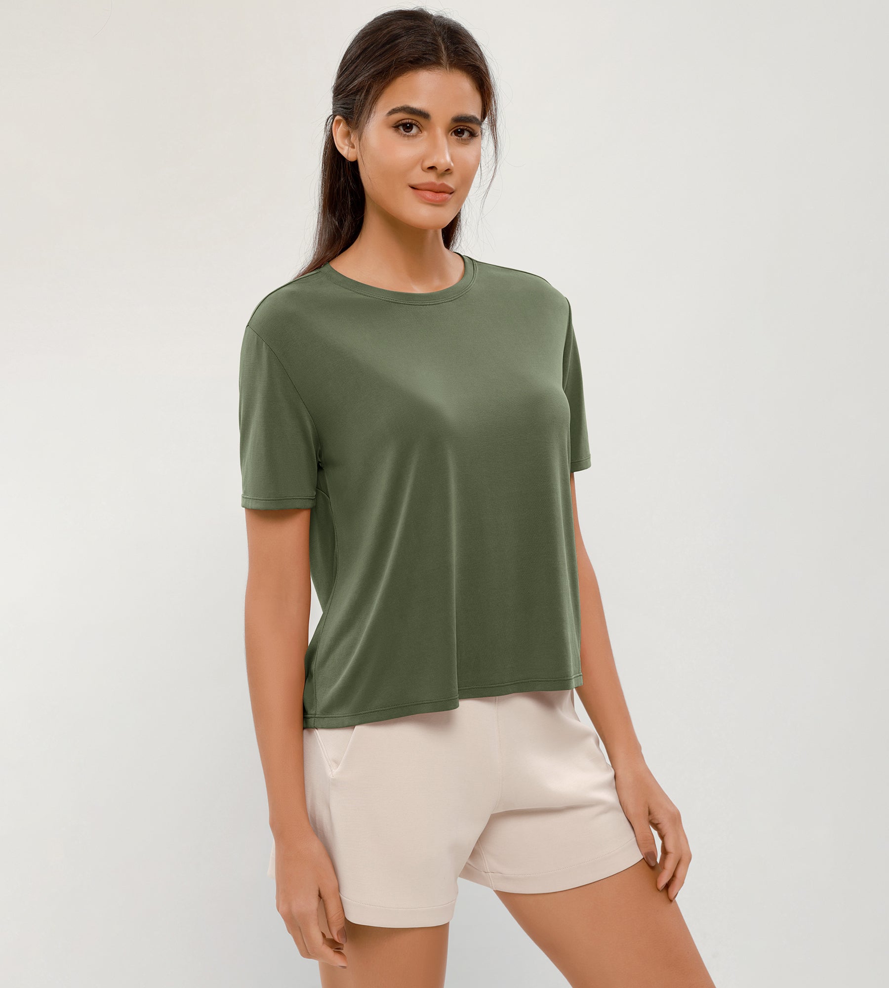 Modal Soft Crew Neck Short Sleeve Shirts Army Green - ododos