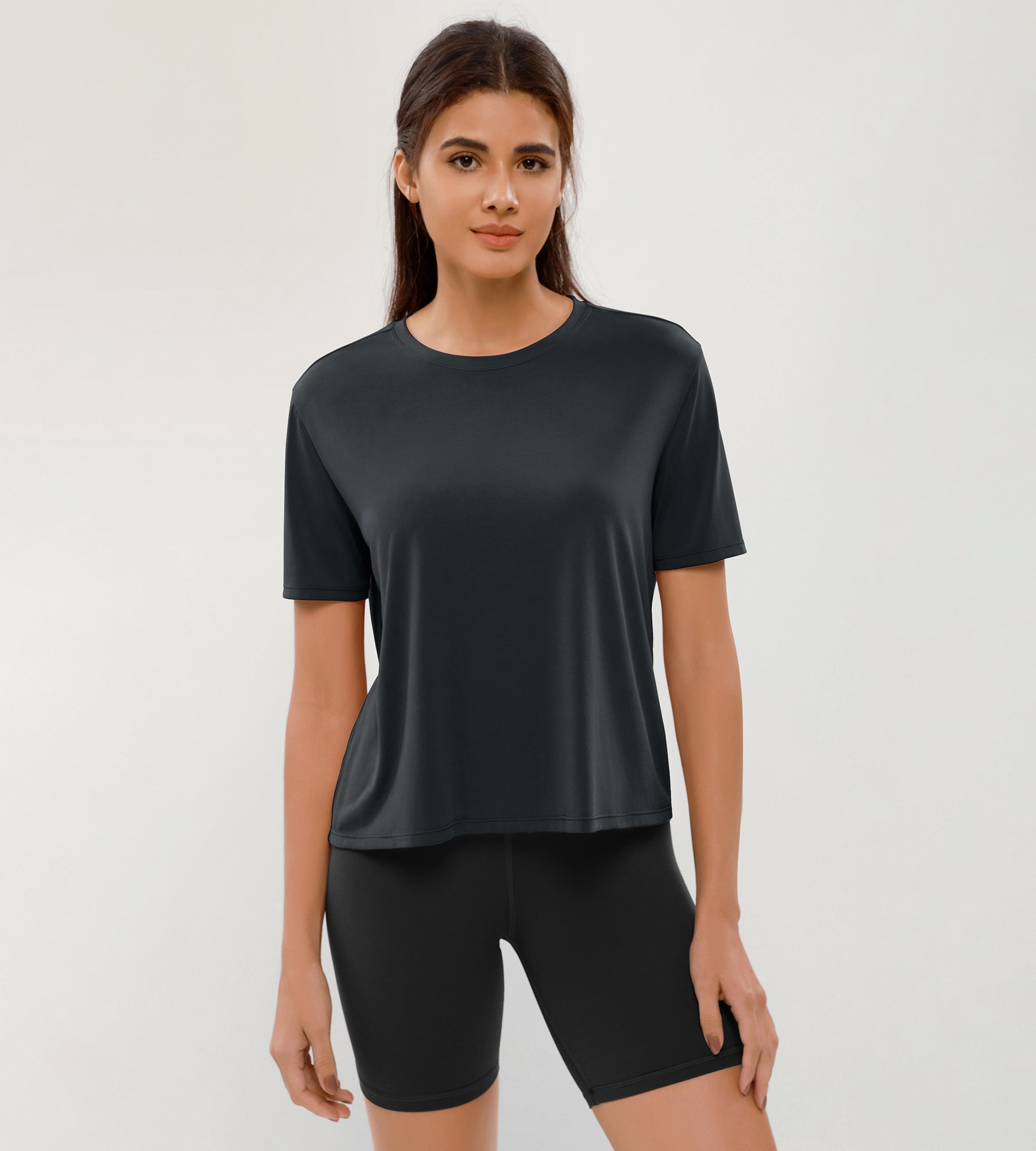 Modal Soft Crew Neck Short Sleeve Shirts Black - ododos