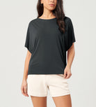 Modal Soft Boat Neck Casual Batwing Tee Shirts Black - ododos