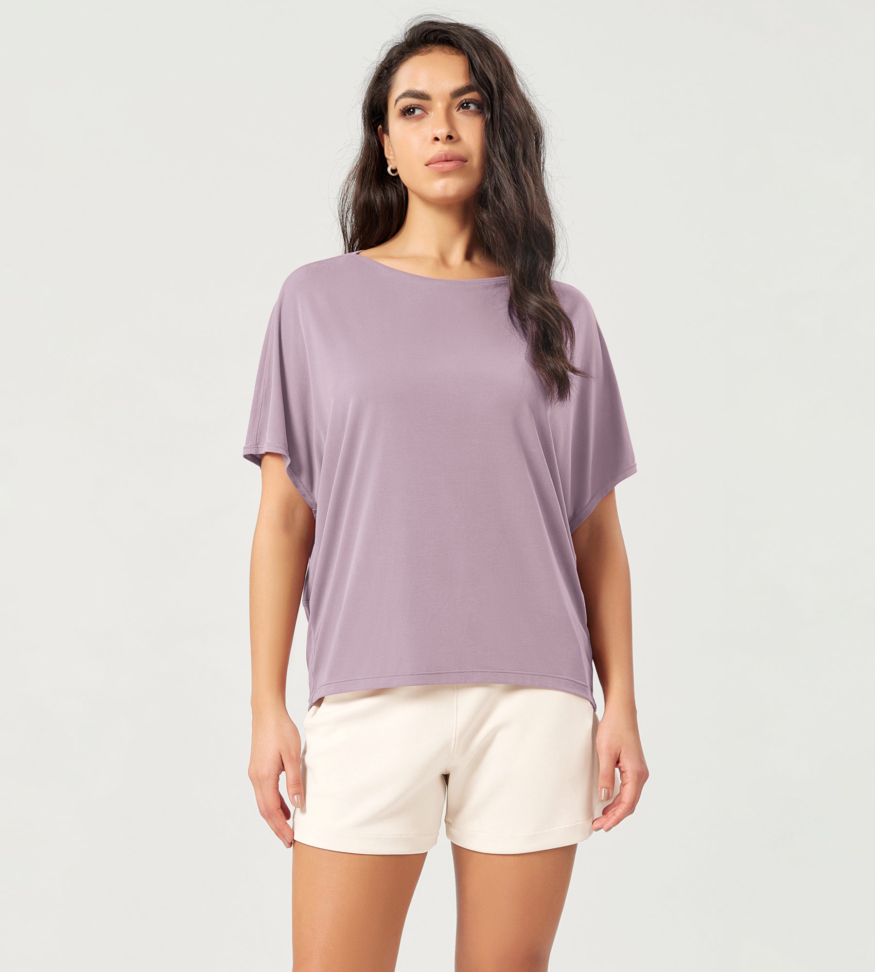 Modal Soft Boat Neck Casual Batwing Tee Shirts - ododos