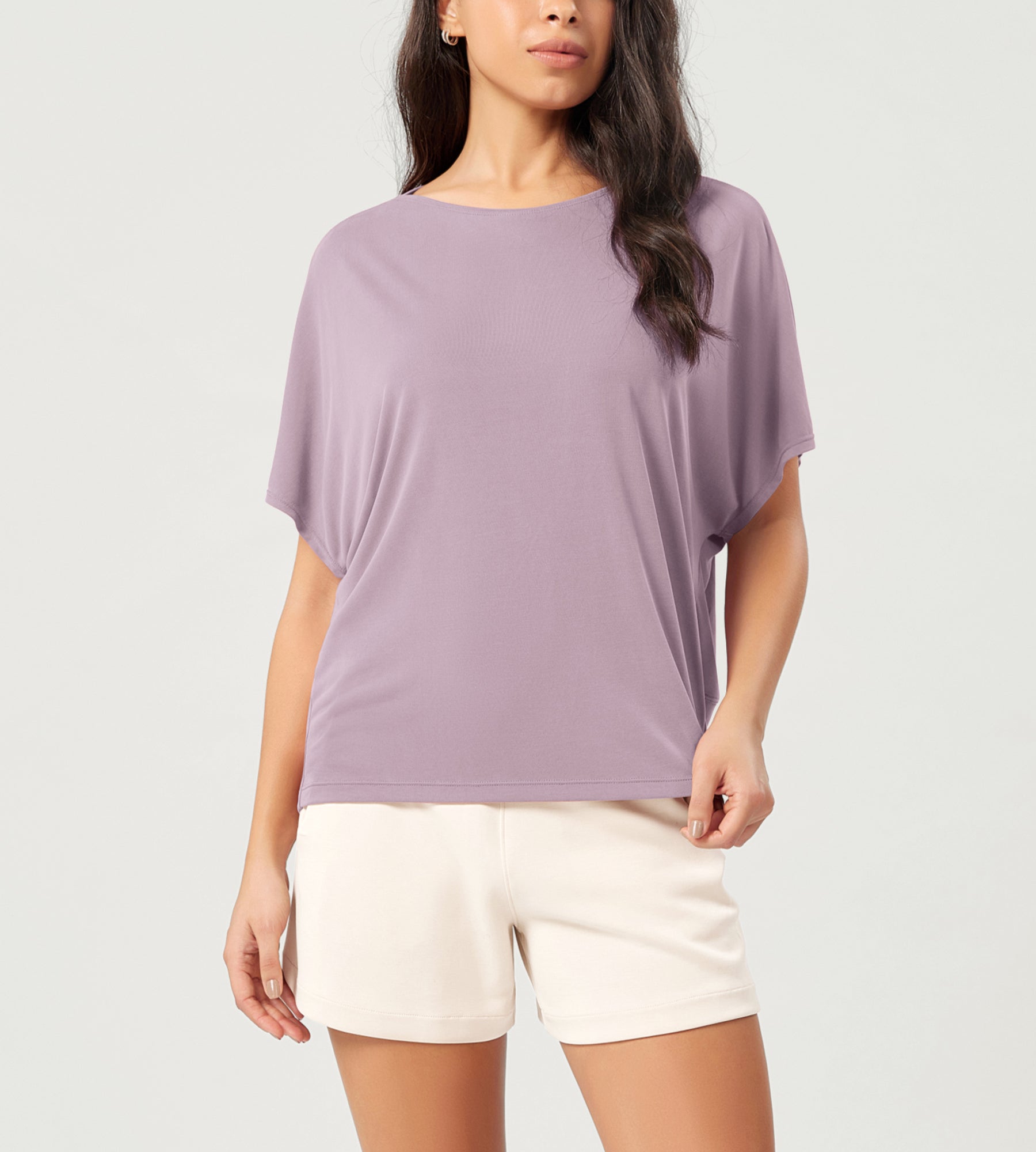 Modal Soft Boat Neck Casual Batwing Tee Shirts Lavender - ododos