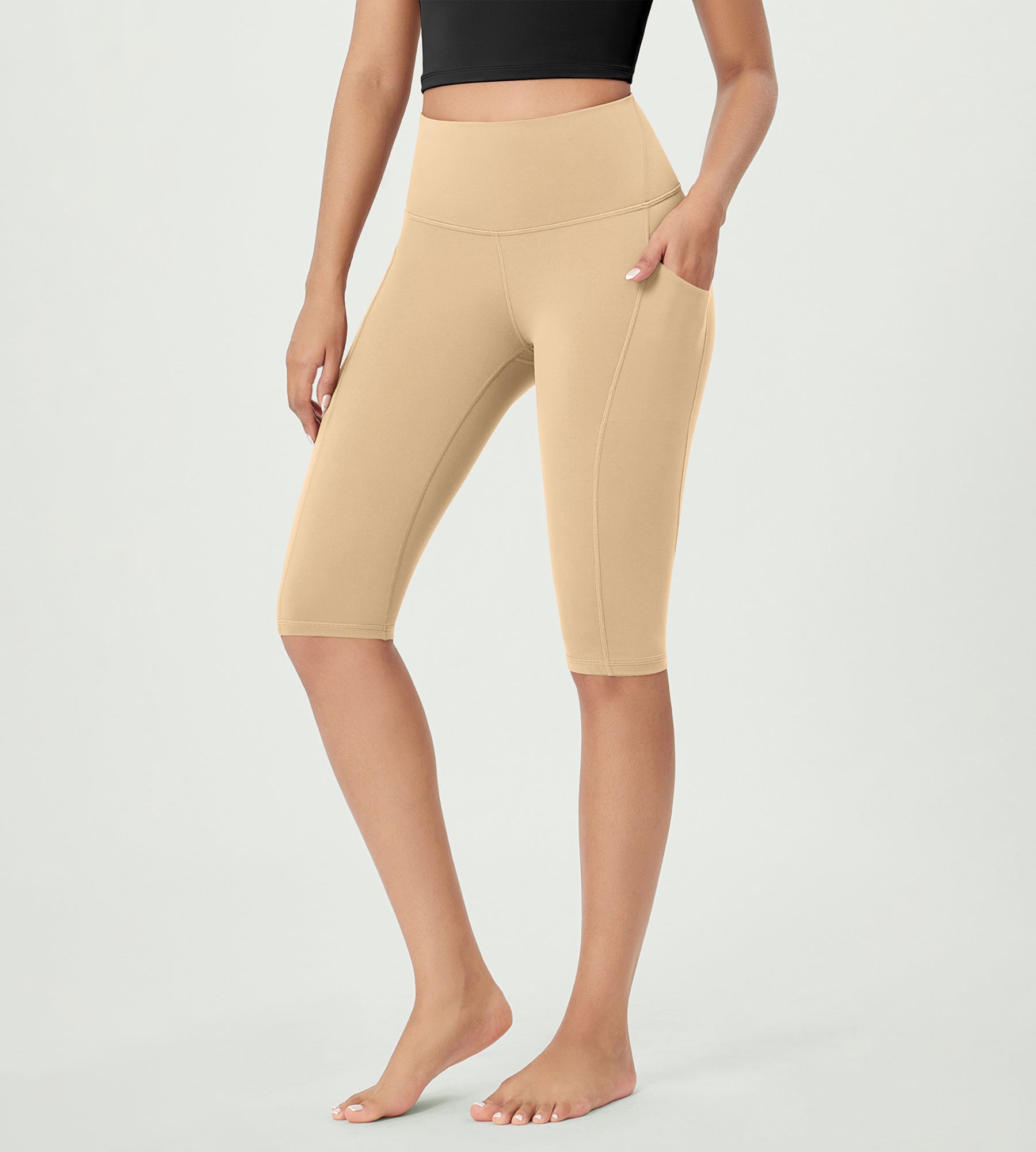 14" ODLEX High Waist Workout Yoga Capri Leggings with Pockets Beige - ododos