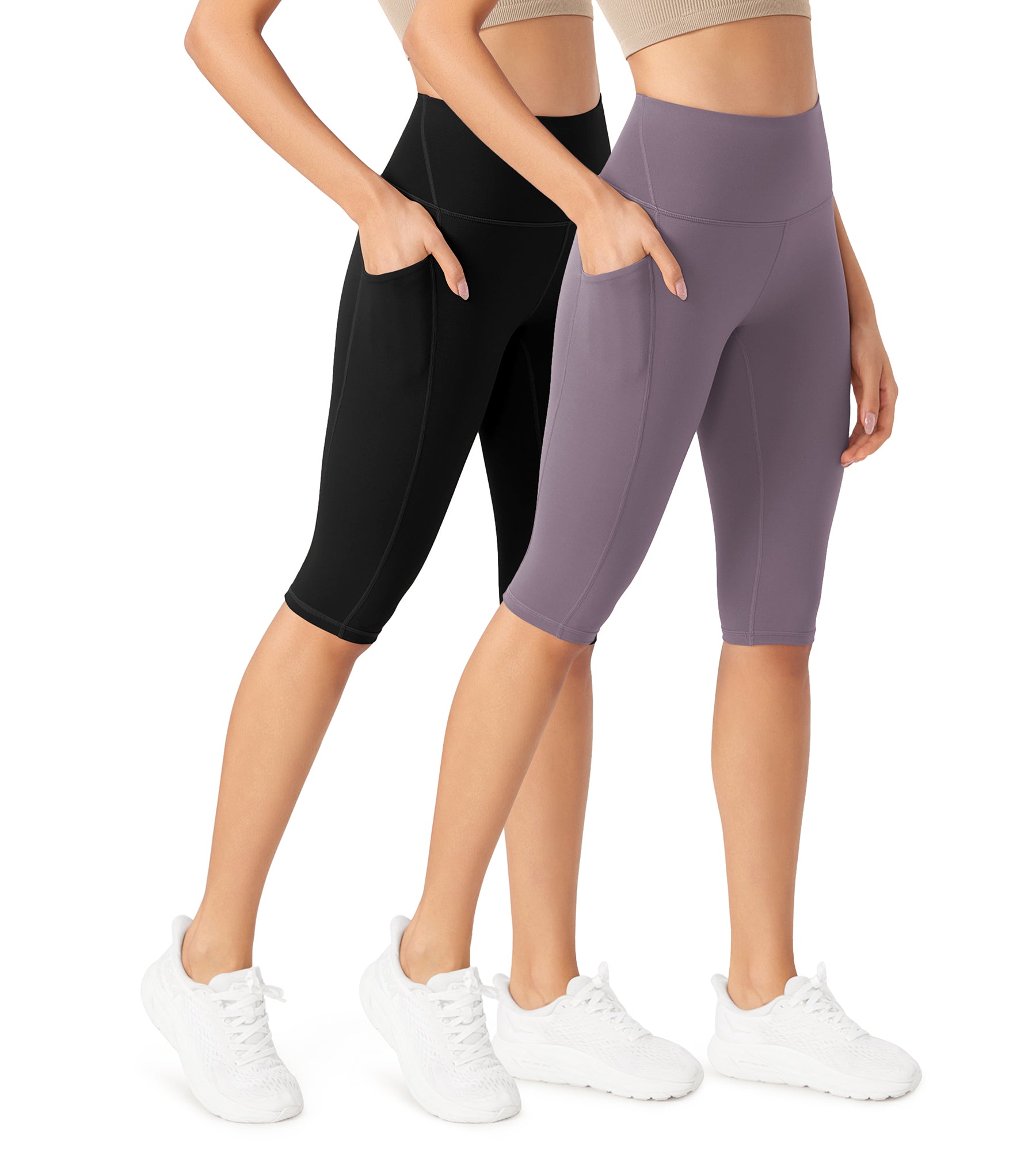 ODLEX 2-Pack 14" High Waist Workout Capris with Pockets Black+Ash Violet - ododos