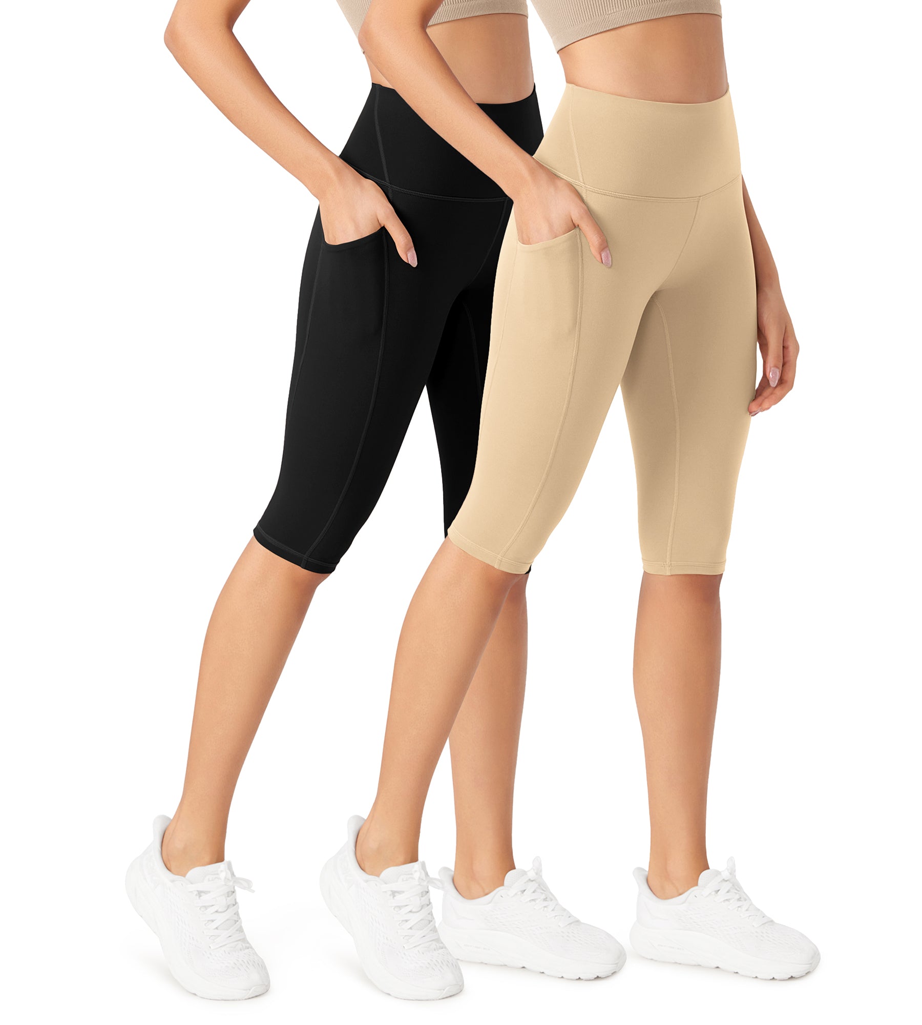 ODLEX 2-Pack 14" High Waist Workout Capris with Pockets Black+Beige - ododos