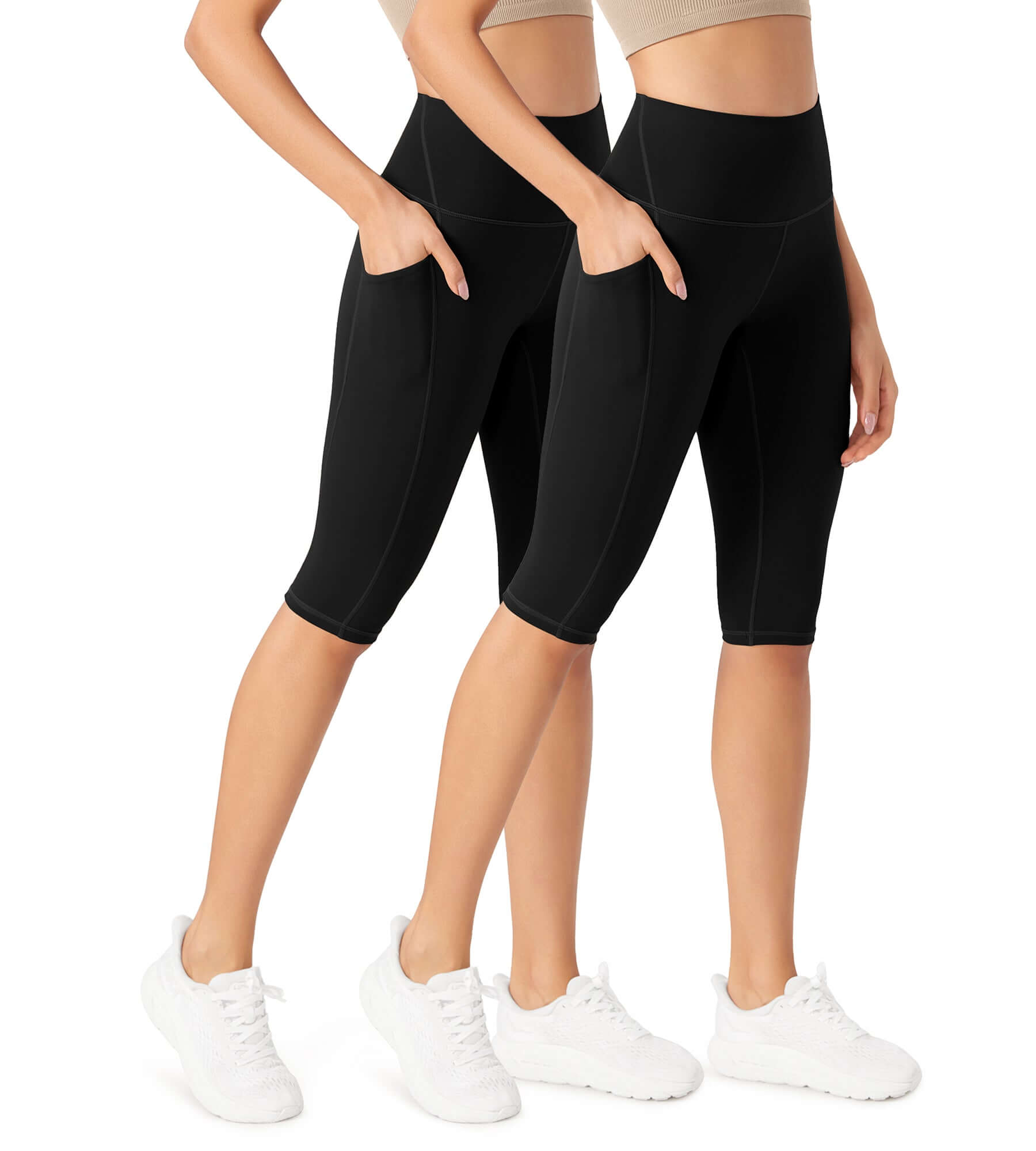 ODLEX 2-Pack 14 High Waist Workout Capris with Pockets Black+Black - ododos