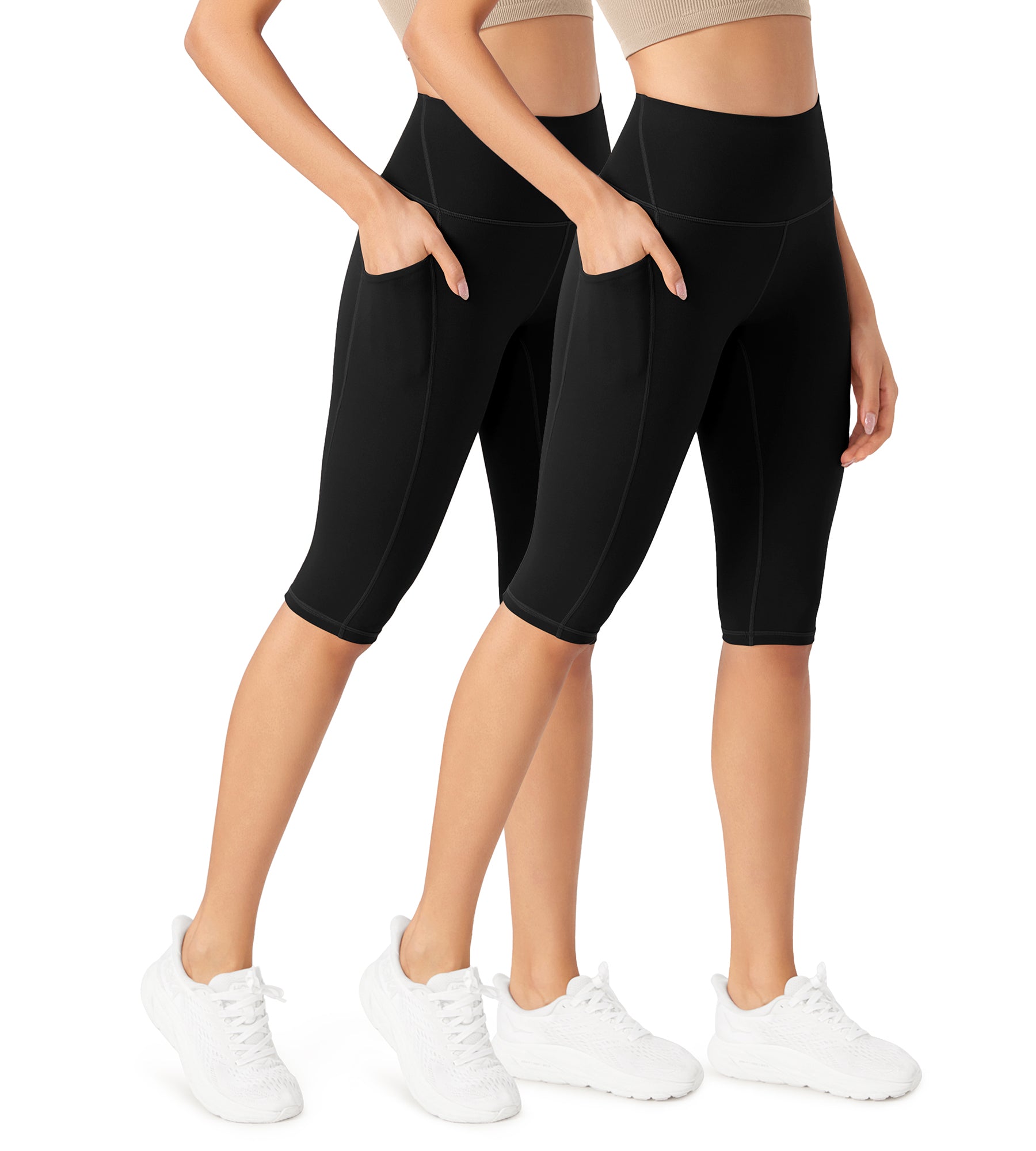 ODLEX 2-Pack 14" High Waist Workout Capris with Pockets Black+Black - ododos