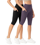 ODLEX 2-Pack 14" High Waist Workout Capris with Pockets Black+Dark Purple - ododos