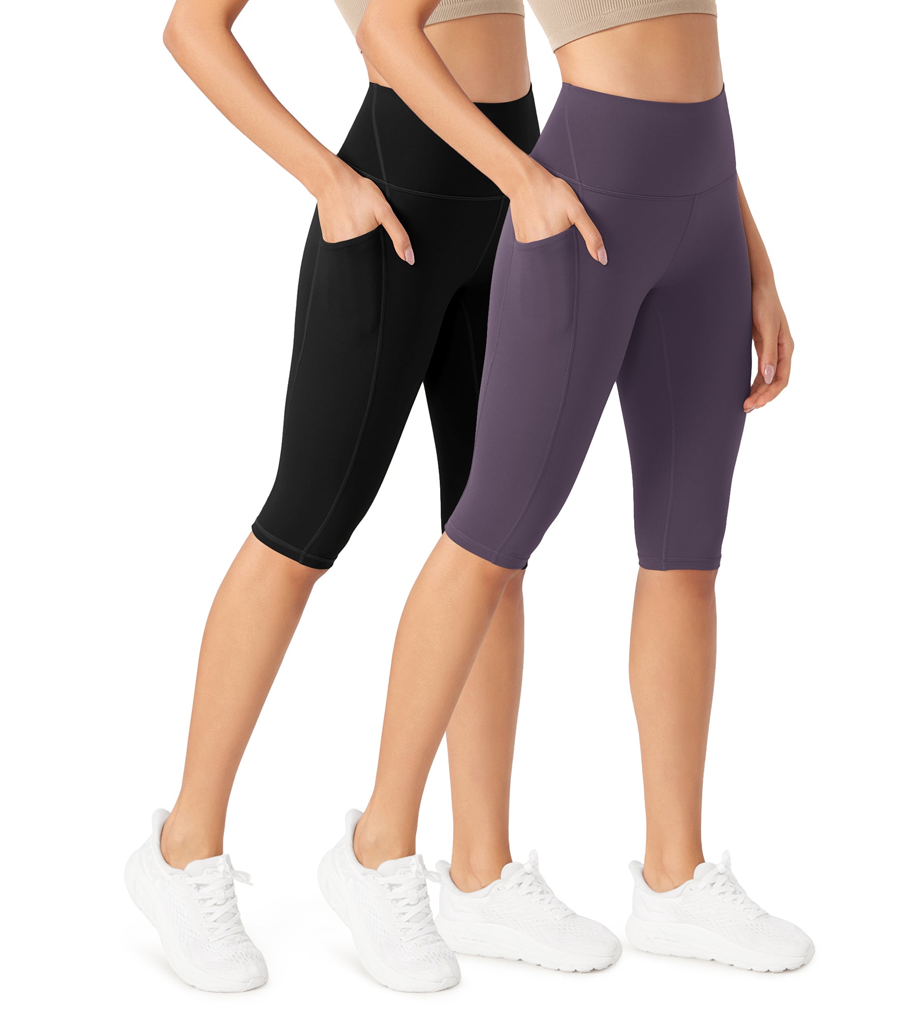 ODLEX 2-Pack 14" High Waist Workout Capris with Pockets Black+Dark Purple - ododos