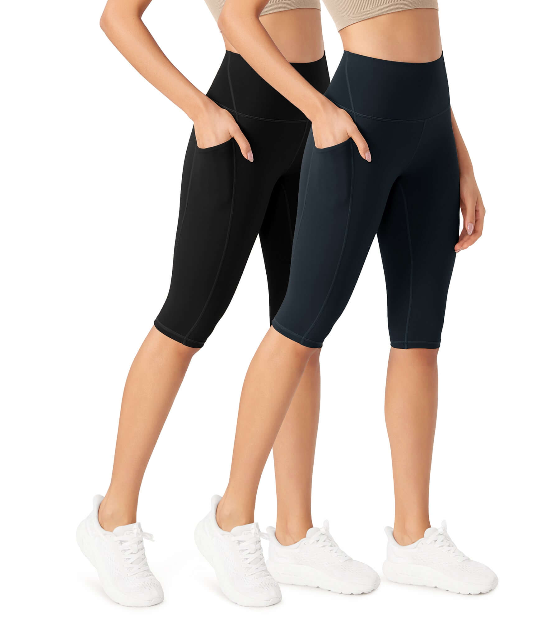 ODLEX 2-Pack 14 High Waist Workout Capris with Pockets Black+Deep Navy - ododos