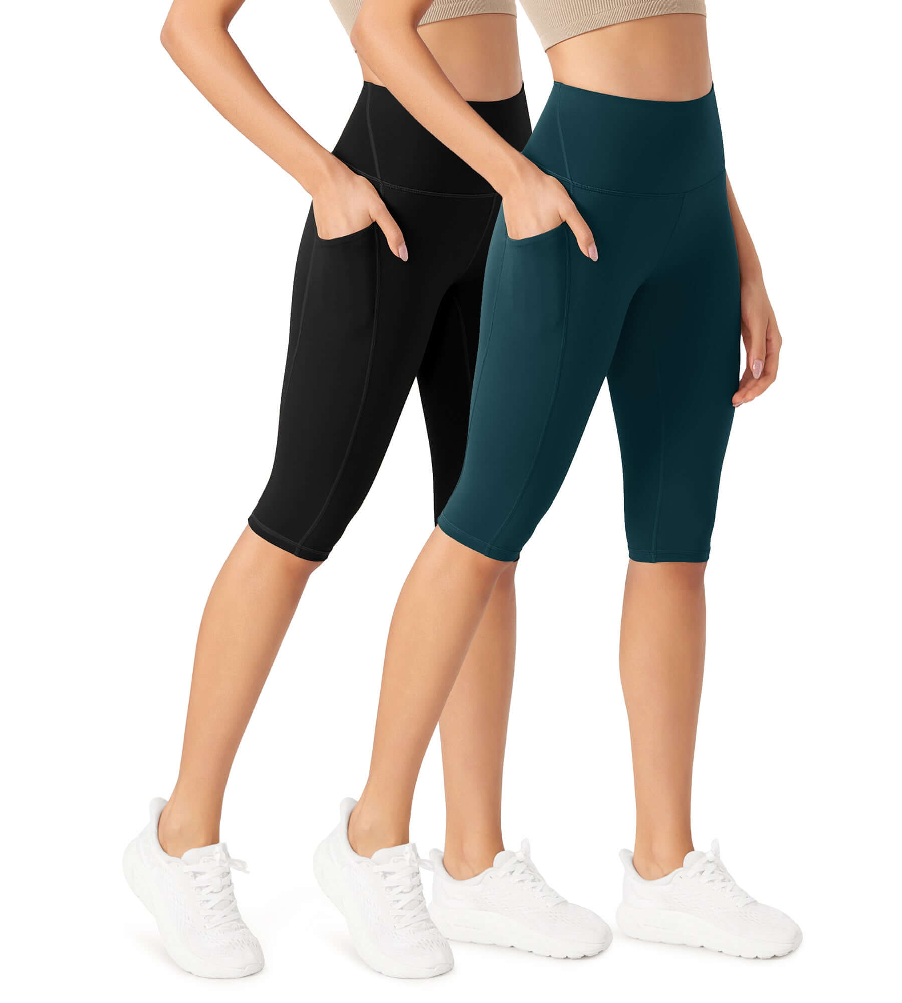 ODLEX 2-Pack 14 High Waist Workout Capris with Pockets Black+Forest Teal - ododos